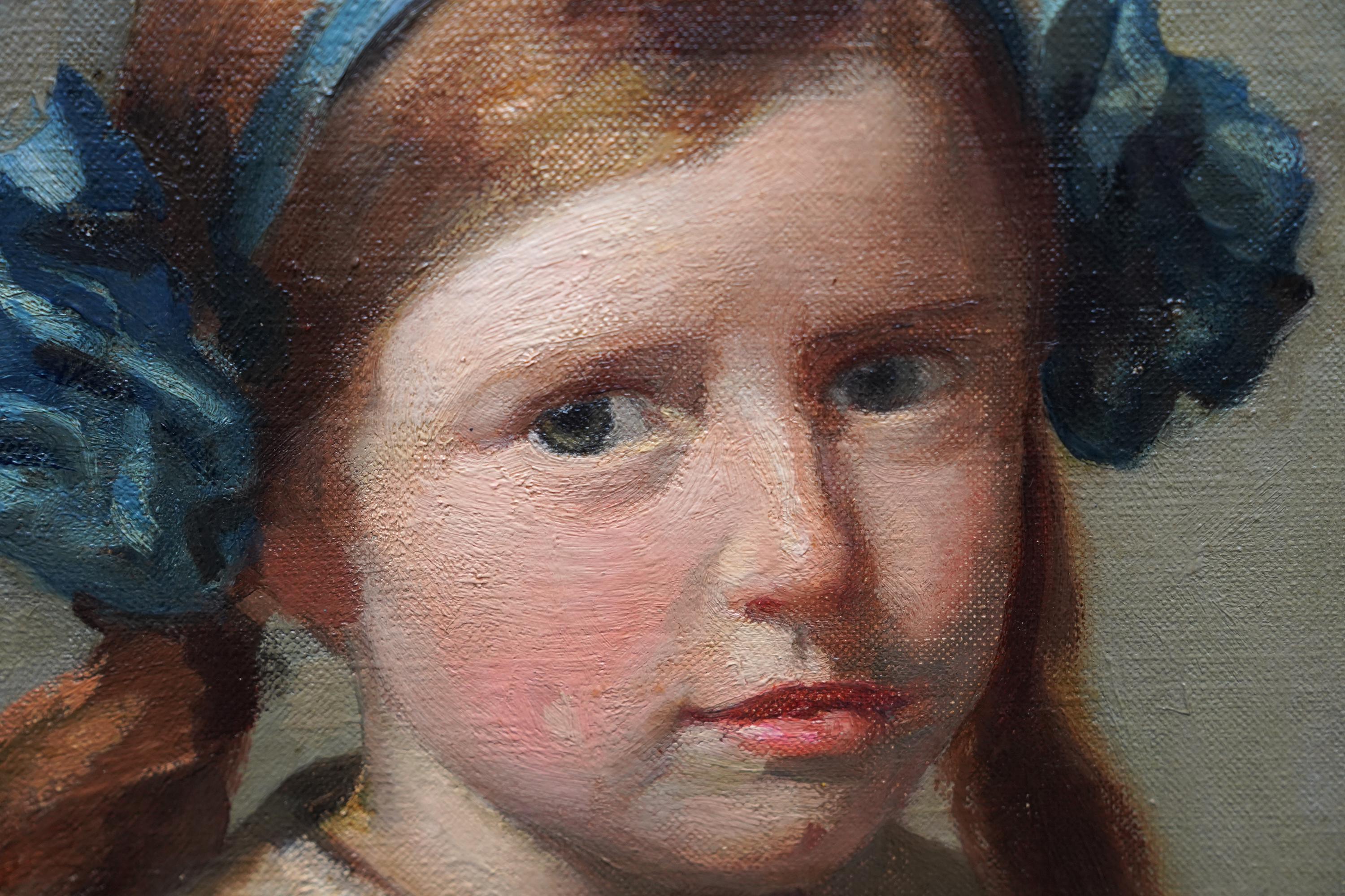 Portrait of a Young Girl with Hairband - Scottish 1914 art oil painting For Sale 1