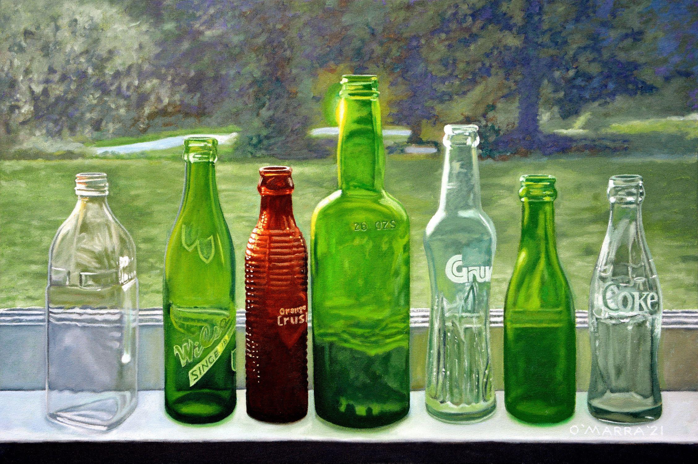 This is the sixth in a series of still lifes I have created over the years of antique bottles I've collected and keep displayed in windows in my rural studio/retreat. :: Painting :: Realism :: This piece comes with an official certificate of