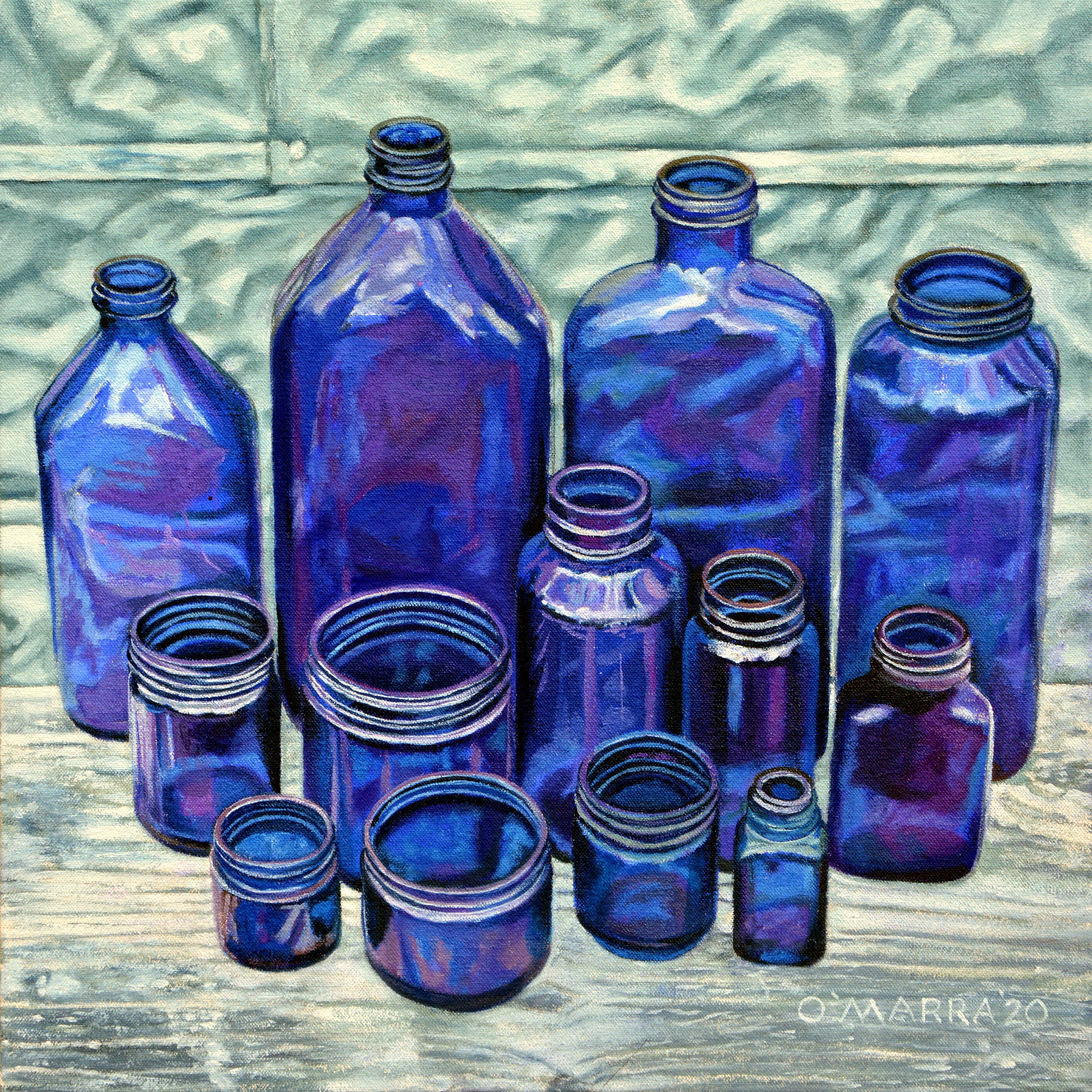 This is a painting of a collection of antique blue bottles I found in the attic of my homestead--now retreat and studio--in the Bancroft area of Ontario Canada :: Painting :: Realism :: This piece comes with an official certificate of authenticity