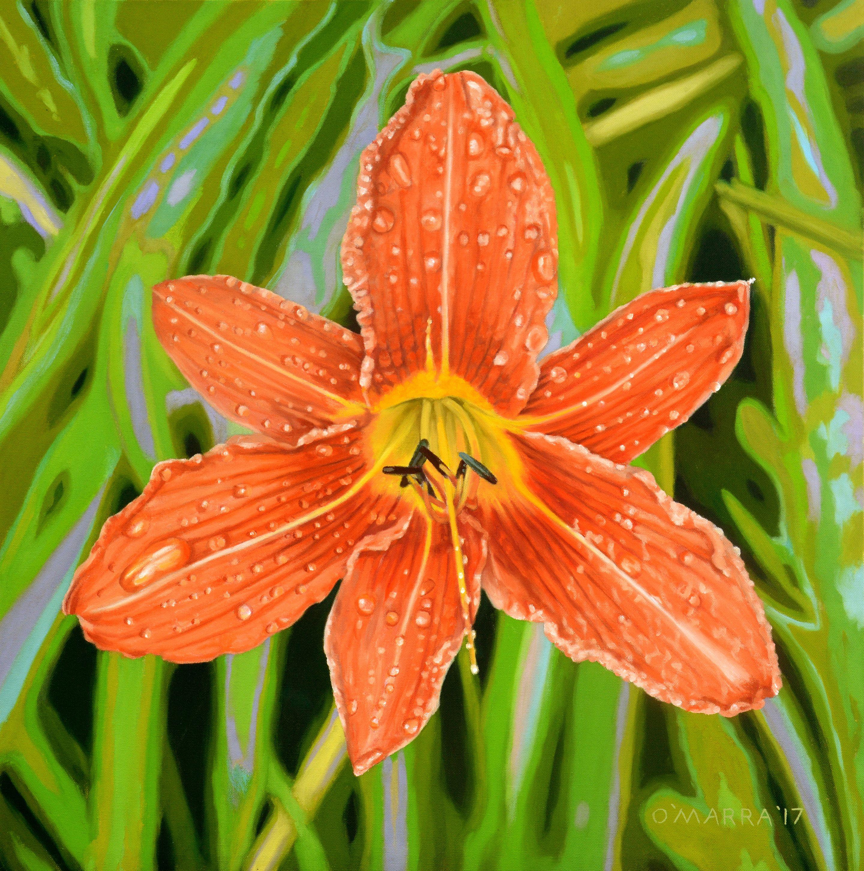 This is a single bloom of a perennial daylily that appears in my country garden covered in dew :: Painting :: Realism :: This piece comes with an official certificate of authenticity signed by the artist :: Ready to Hang: Yes :: Signed: Yes ::