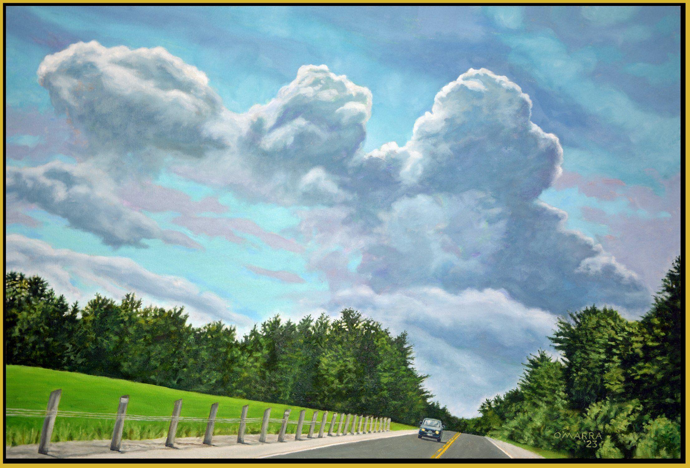 This is a view while travelling down a highway in central Ontario, Canada, 45 kilometers south of where I live near the town of Bancroft. I loved the cloud structure and captured the reference I used with a slight right-side slant to increase the