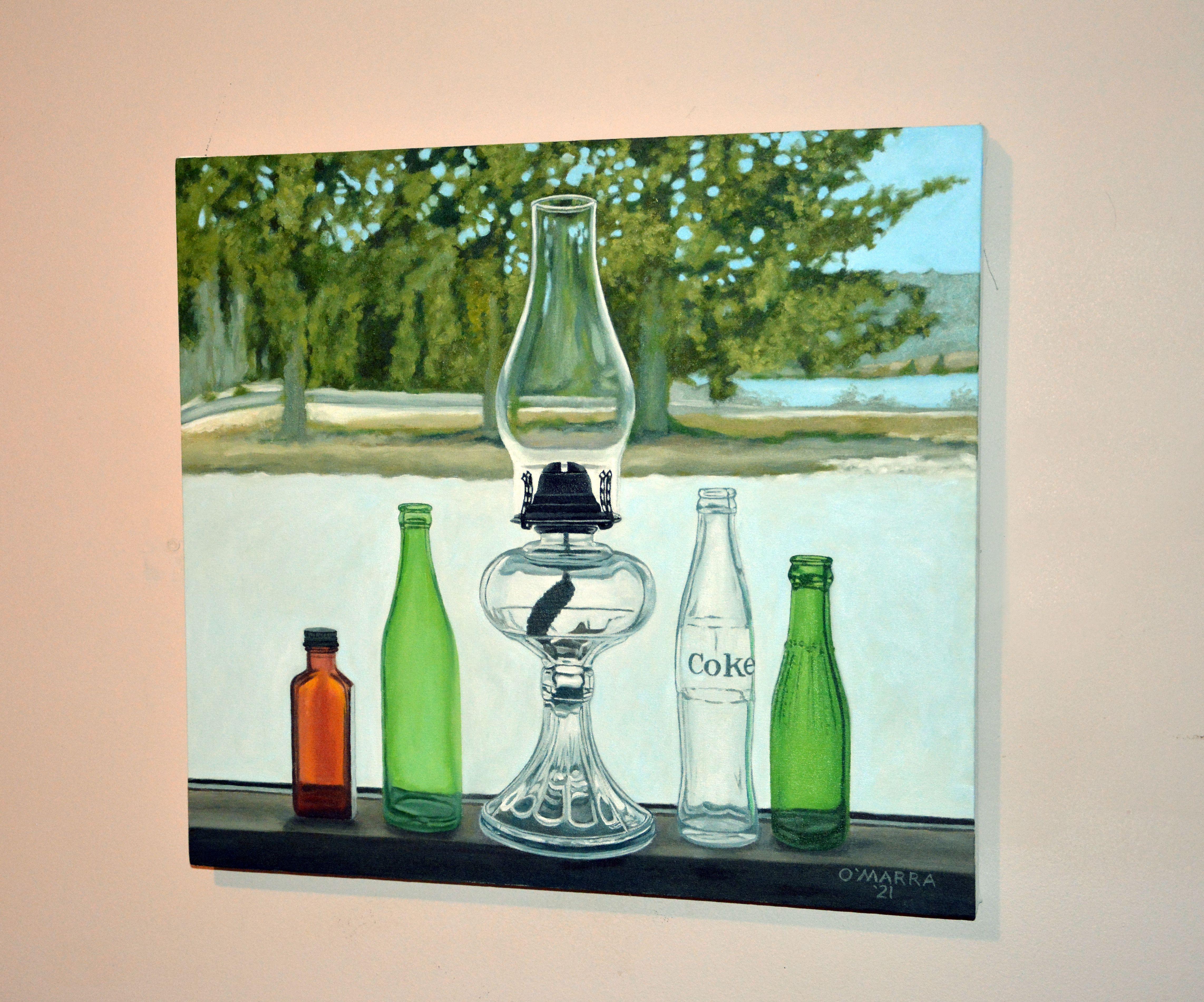 Lamp and Bottles Still Life, Painting, Oil on Canvas For Sale 1