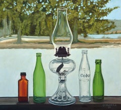 Lampen- und Flaschen-Stillleben, Gemälde, Öl auf Leinwand