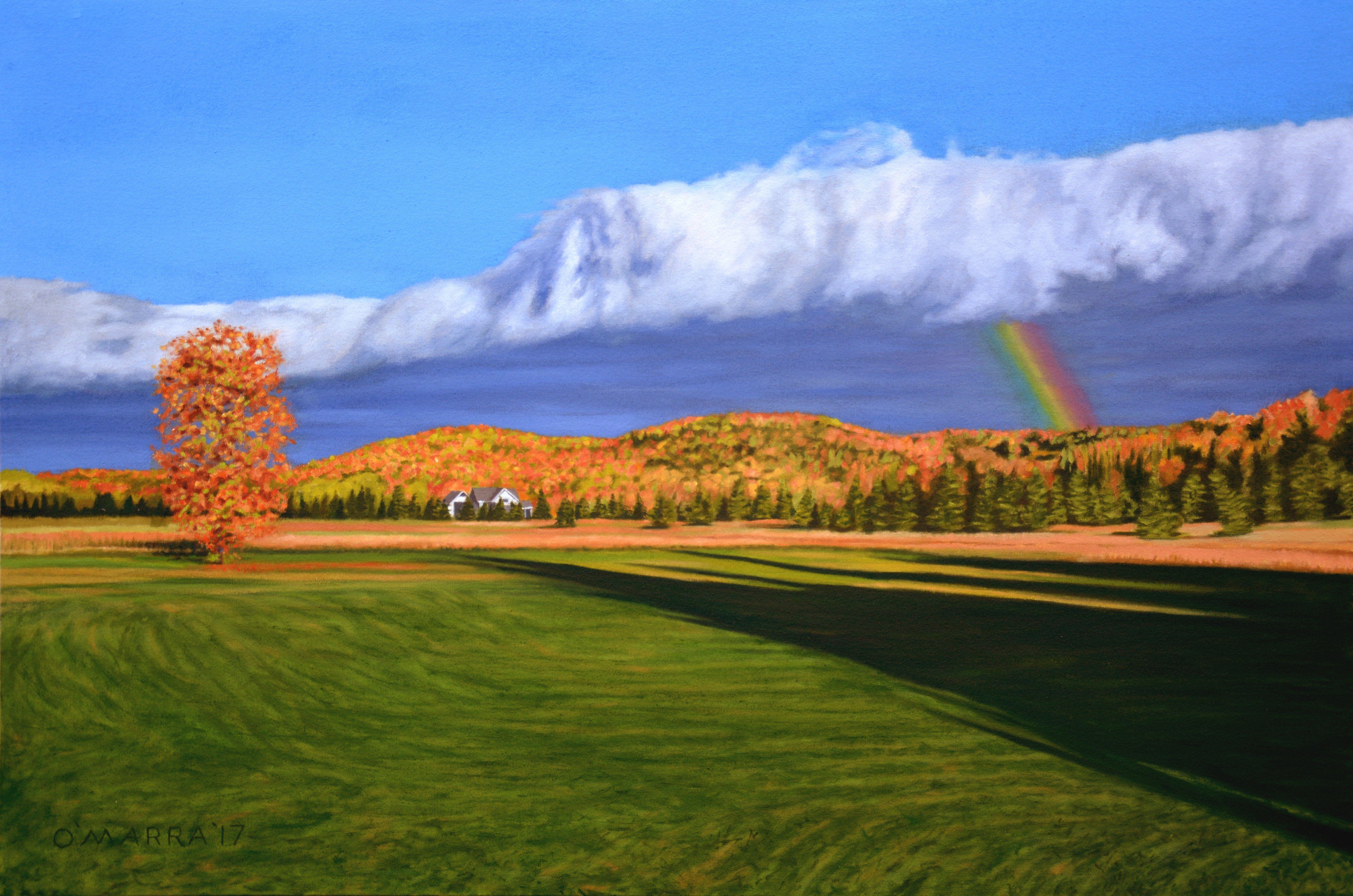 This is a view of the field and hills behind my retreat property near Bancroft, Ontario--with fall colours and a rainbow :: Painting :: Realism :: This piece comes with an official certificate of authenticity signed by the artist :: Ready to Hang: