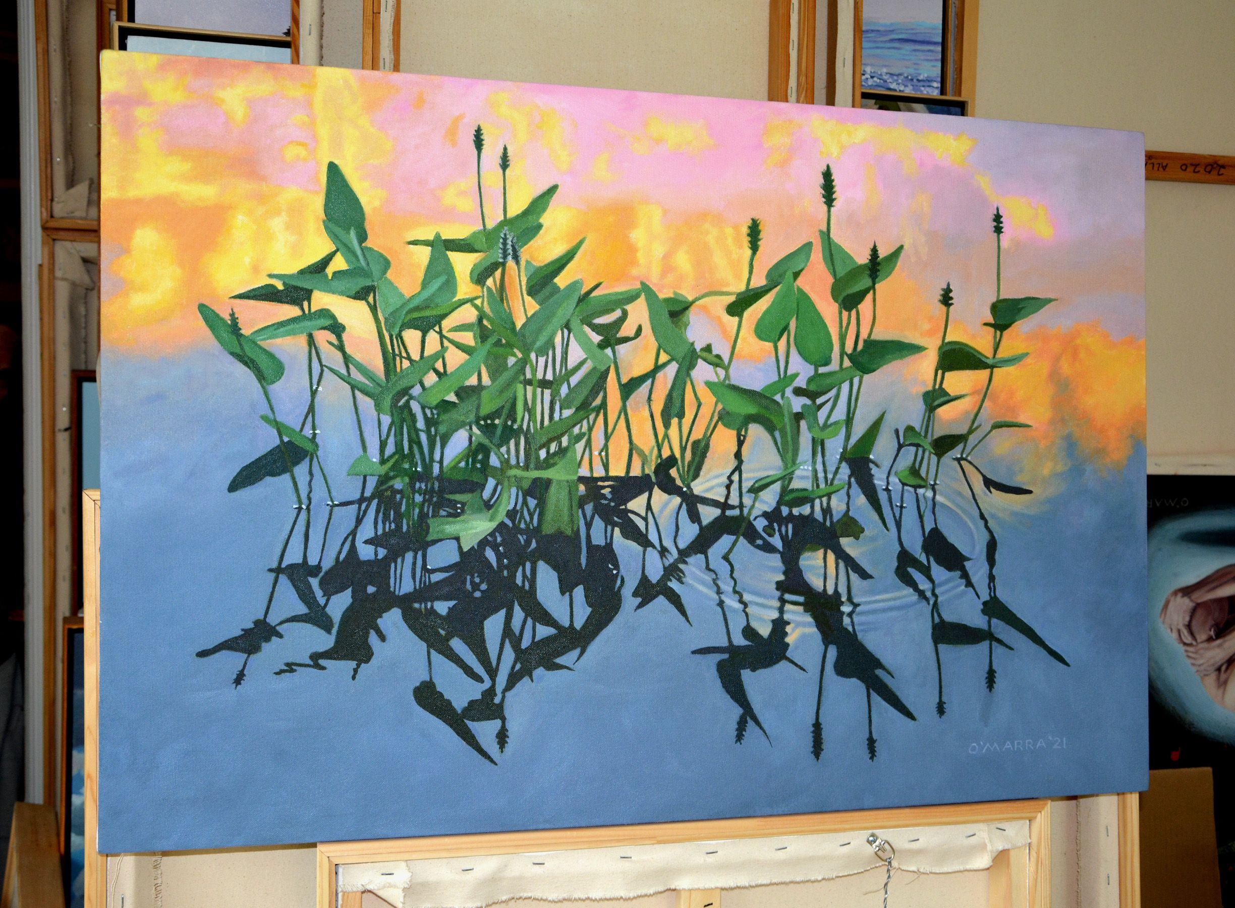 Pickerel Weed Bed Sunset, Painting, Oil on Canvas For Sale 1
