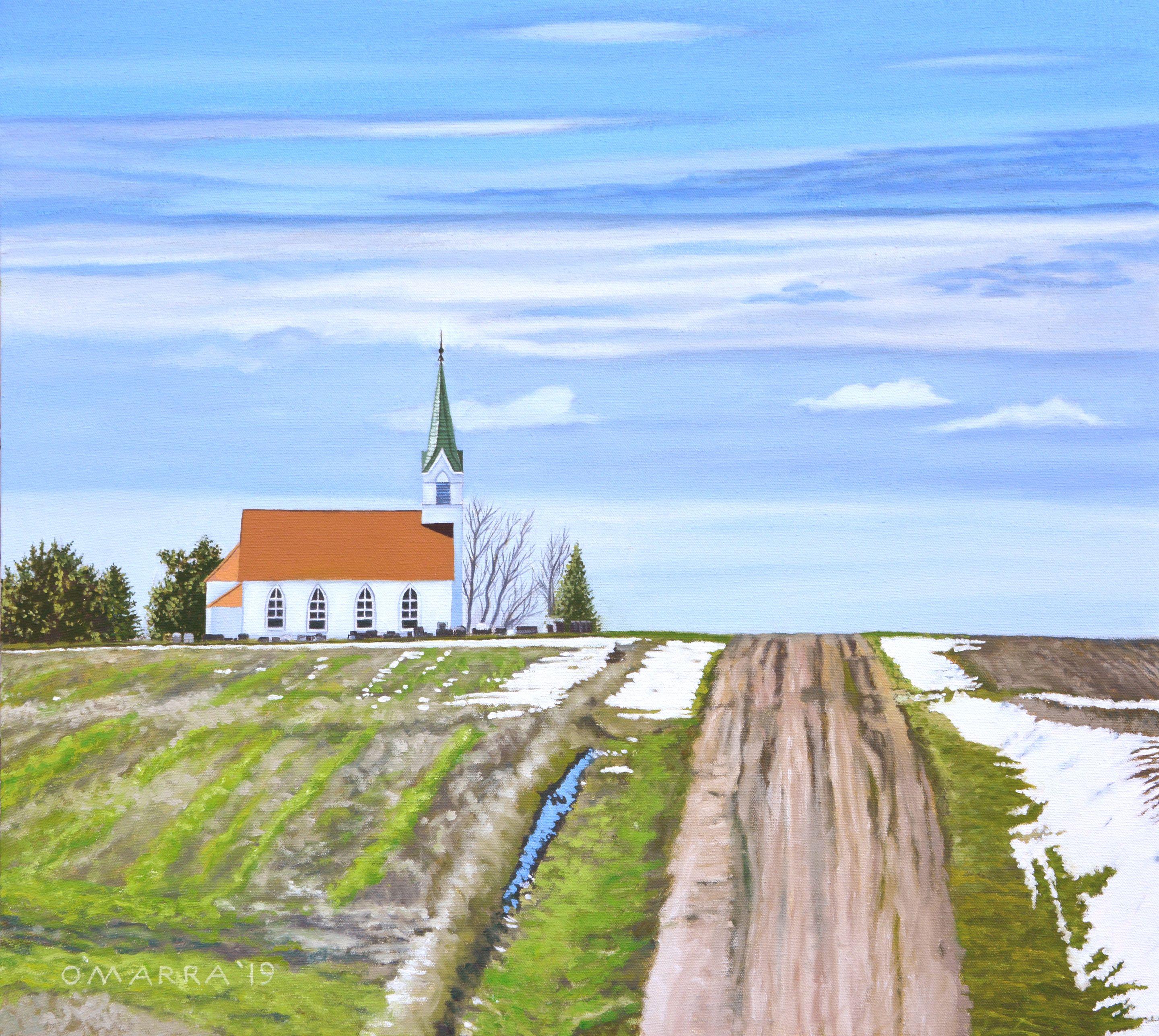 A simple view of a road rising up a hill .passing a church and disappearing over the hill top and into a beautiful blue sky with white clouds :: Painting :: Realism :: This piece comes with an official certificate of authenticity signed by the