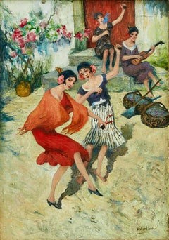 Spanish Flamenco Dancing Women in Garden, Oil on Canvas.