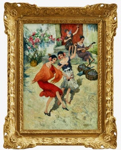 Antique Spanish Flamenco Dancing Women in Garden, Oil on Canvas. 