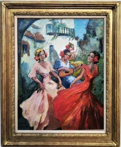“Andalusian Dancers”, outdoor scene, traditional Spanish dancers, oil on canvas