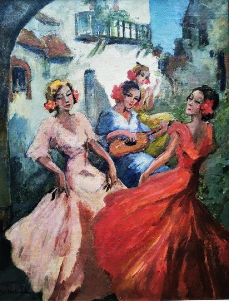Figurative Painting di Allan Osterlind - "Danzatori andalusi", scena all'aperto, danzatori tradizionali spagnoli, olio su tela
