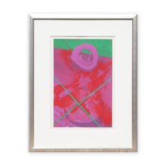 Lithographie moderne abstraite colorée à motifs géométriques rouges, roses et verts