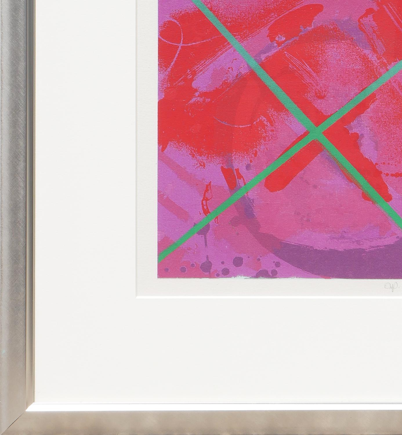Colorful modern abstract lithograph by modern Texas artist Allan Otho Smith. The work features a series of geometric shapes in red, pink, and green tones. The use of complementary colors makes the piece pop. Signed and dated in pencil by the artist