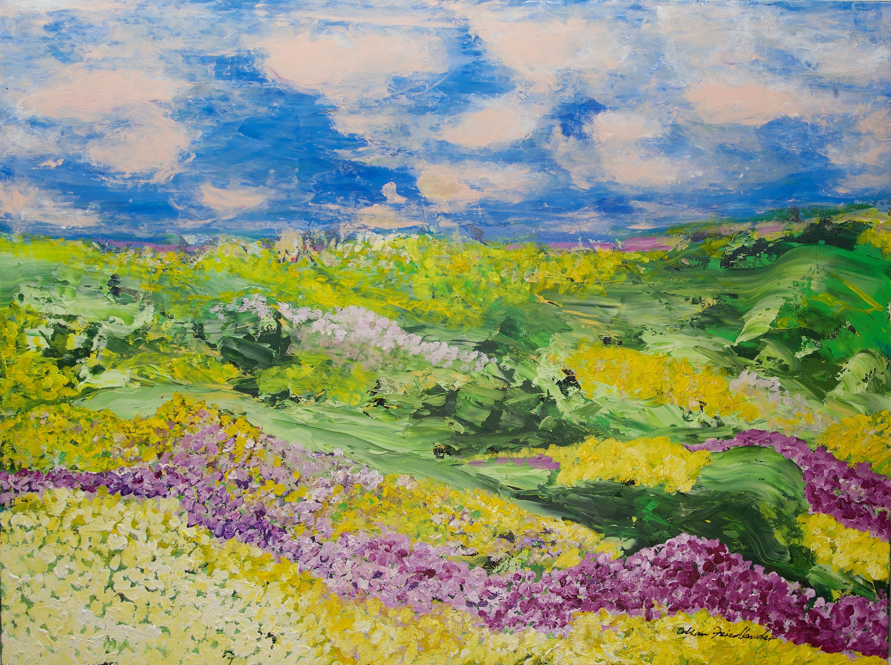 I am inspired by the area I live in California. The hills are alive with beauty in the spring. I hope the viewer can feel that excitement from this painting from the way it has been painted.  I love working in a lose semi-abstract manner. The