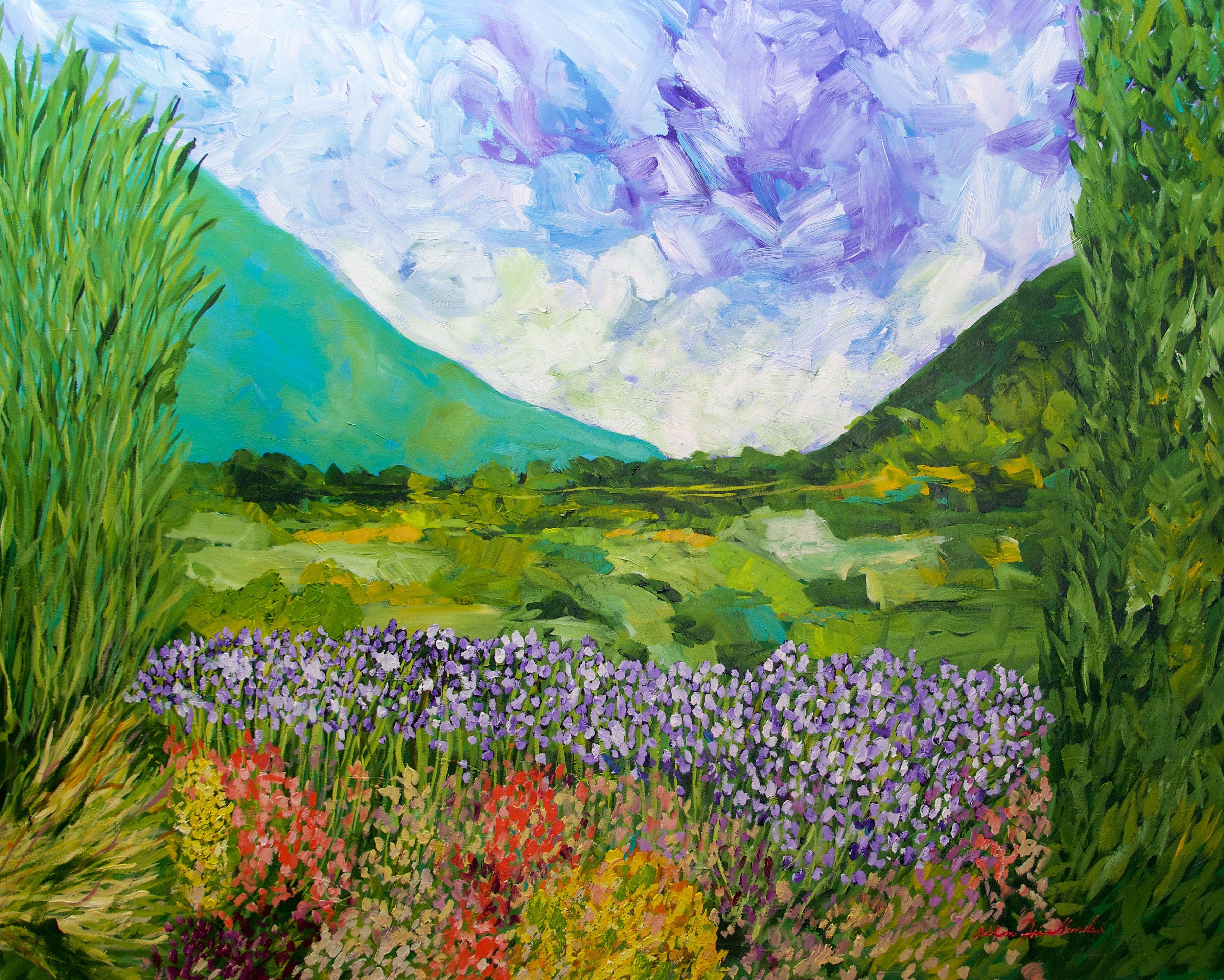 I am inspired by the area I live in California. The hills are alive with beauty in the spring.  I hope the viewer can feel that excitement from this painting from the way it has been painted.   I love working in a lose semi-abstract manner.  The