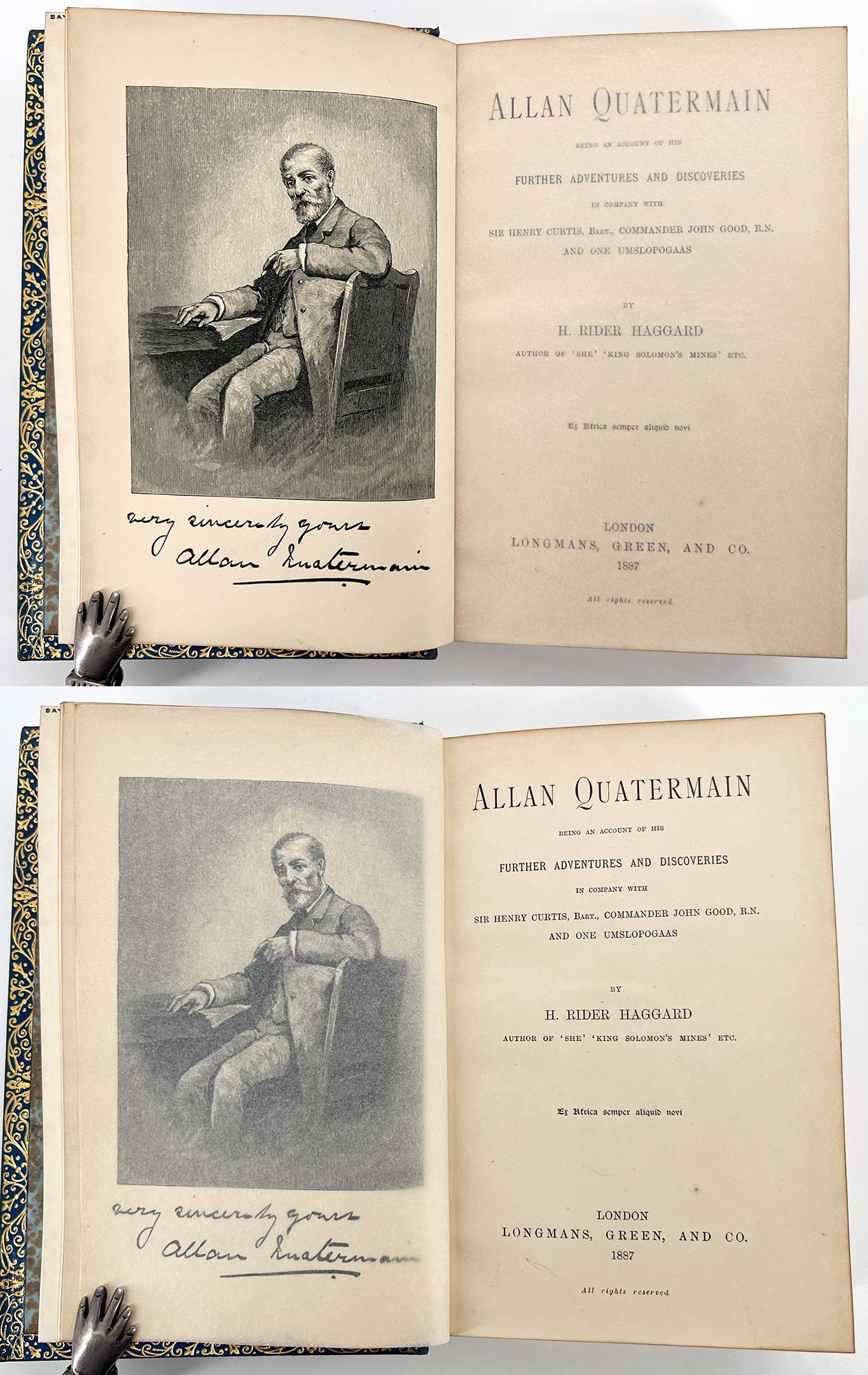 Allan Quatermain; Being an Account of His Further Adventures and Discoveries, etc.

London: Longmans, Green and Co., 1887. 
8vo. 7 1/4 x 4 3/4 (184 x 120 mm); viii, 280; 20 wood engraved illustrations by J. Cooper from drawings by C. H. M. Kerr,