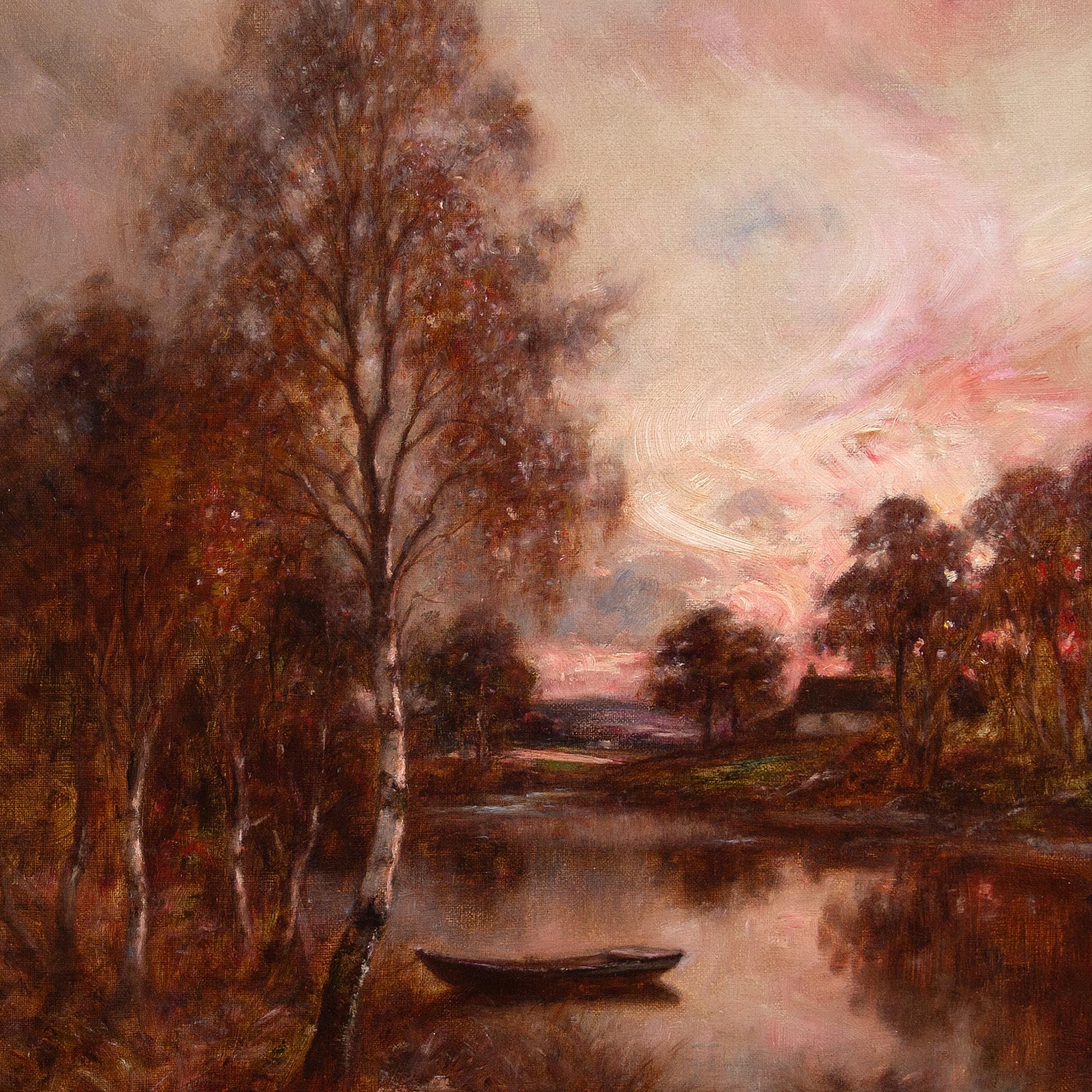 This early 20th-century oil painting by Scottish artist Allan Ramsay II (1852-1912) depicts a gentle river view near Glamis in Angus, Scotland. As the sun drifts beyond the horizon, passing clouds are illuminated by twists of tinted vermillion.
