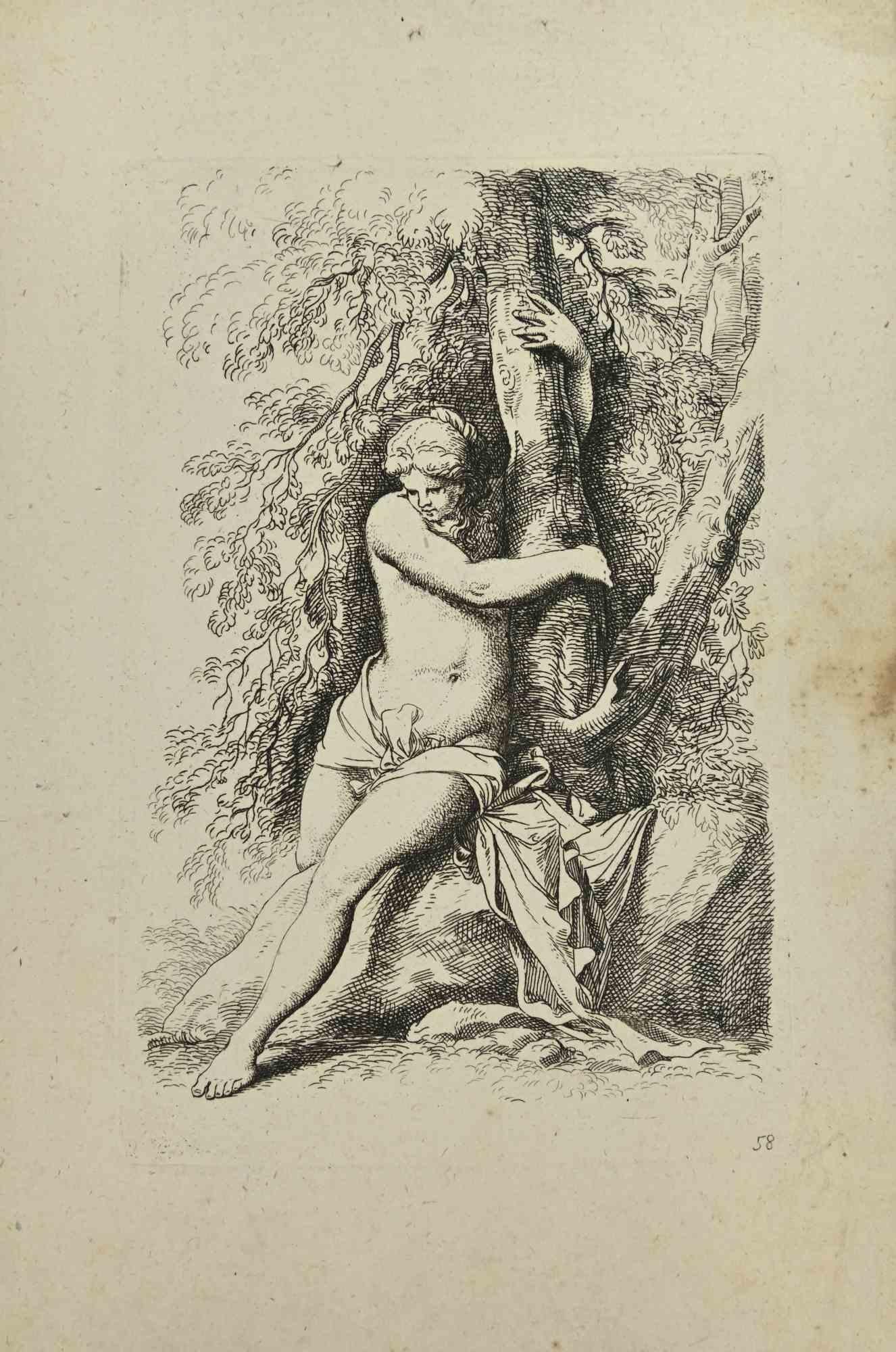 Nude female figure is a print realized by Scottish artist Allan Ramsay (1713-1784) after Salvator Rosa, in the late 18th century.

Etching on paper.

Good conditions, with foxing on the right.

The artwork is realized through deft short strokes by