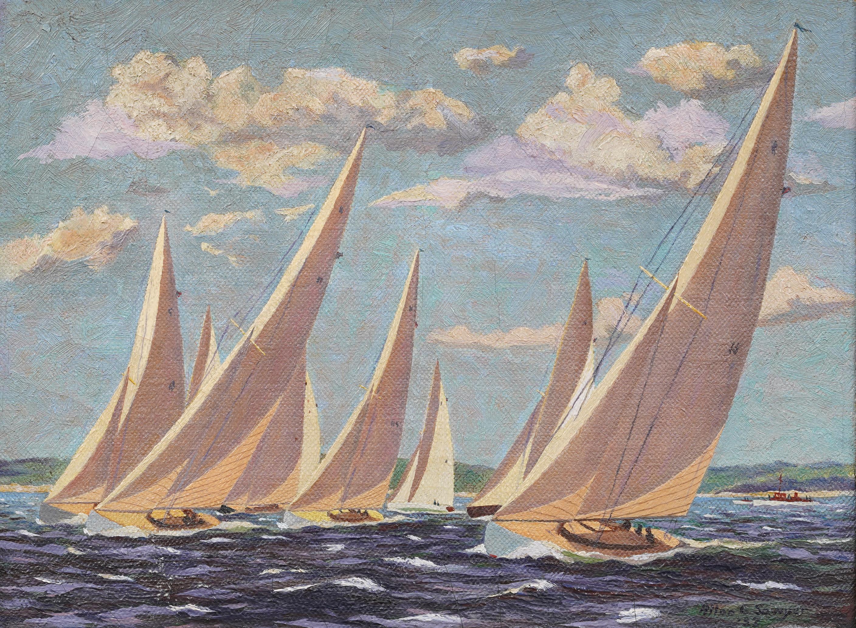Cette peinture à l'huile de 1932 d'A.C.C., dynamique et très détaillée, illustre une régate exaltante avec une flotte de voiliers classiques fendant les vagues fouettées par le vent. Peinte dans un style réaliste américain avec des éléments de