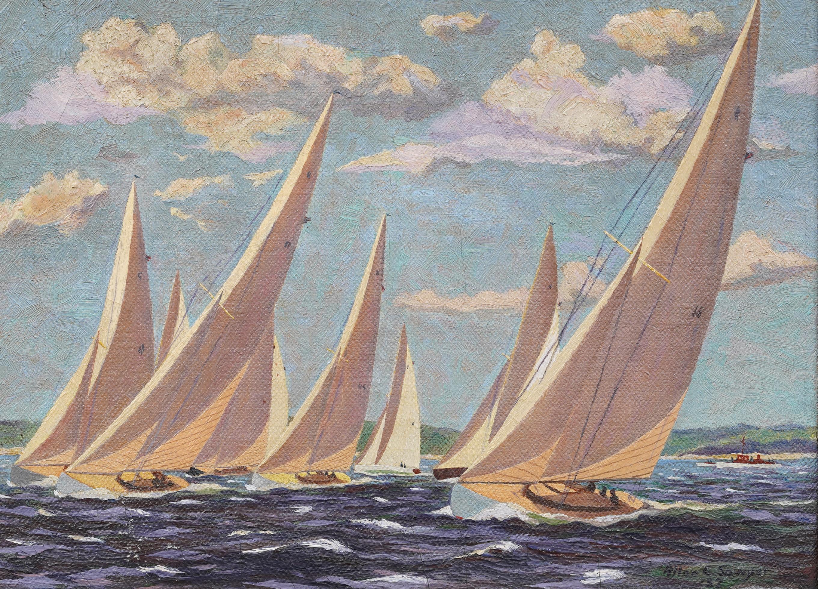 1932 Regatta Oil Painting Classic American Nautical Racing Scene Oil Painting en vente 1