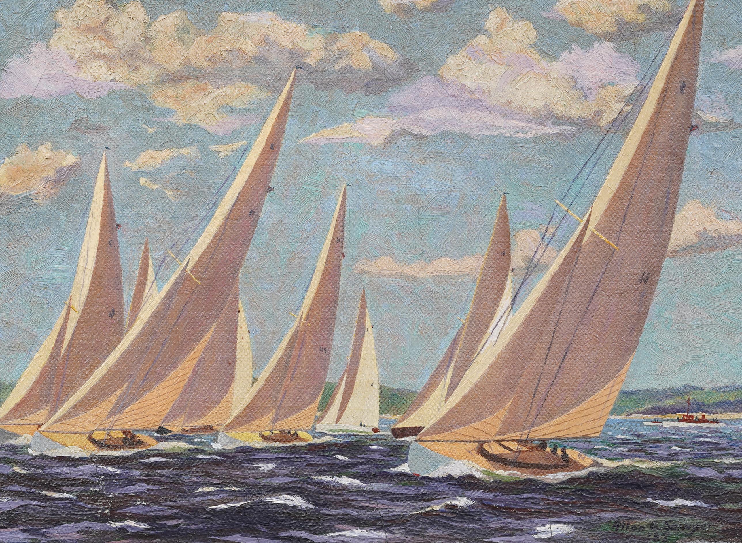 1932 Regatta Oil Painting Classic American Nautical Racing Scene Oil Painting en vente 2