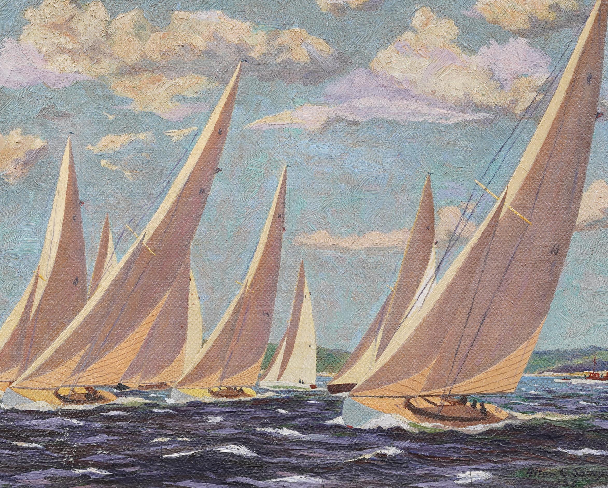 1932 Regatta Oil Painting Classic American Nautical Racing Scene Oil Painting en vente 3