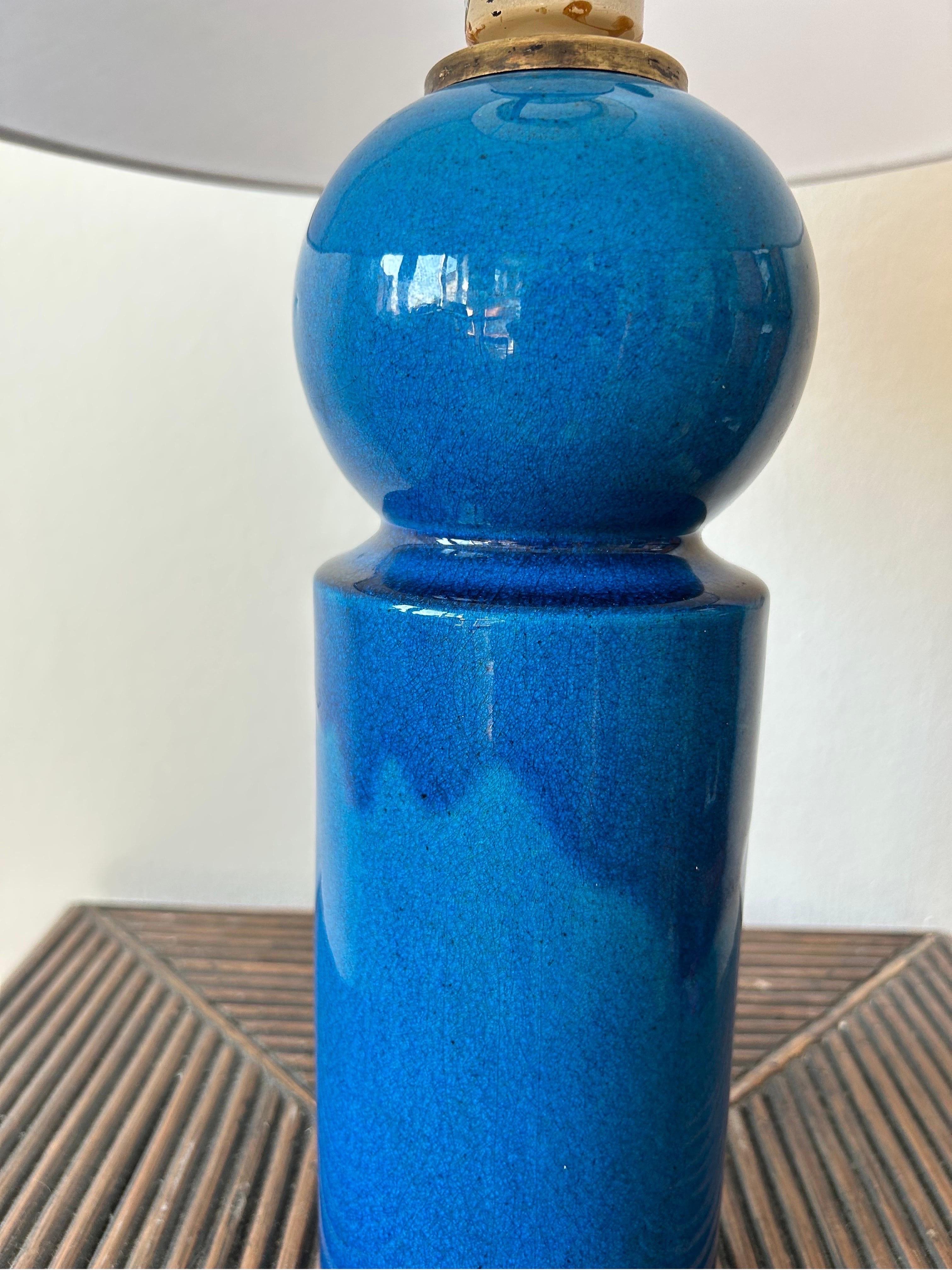 Rare table lamp by danish artist Allan Schmidt made for Kähler in the 1960s.
The lamp has a beautiful blue running glaze which gives a great structure to the lamp.


Kähler Keramik is a Danish ceramic company, originally from Næstved.
Kähler's