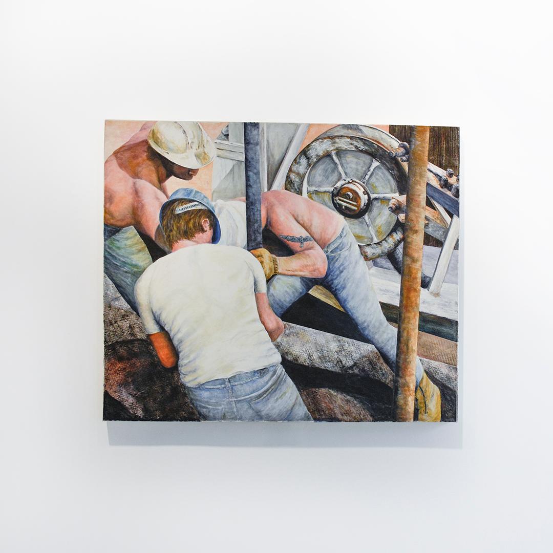 Uomini al lavoro 11: pittura ad olio figurativa di operai edili in blu cielo - Painting di Allan Skriloff