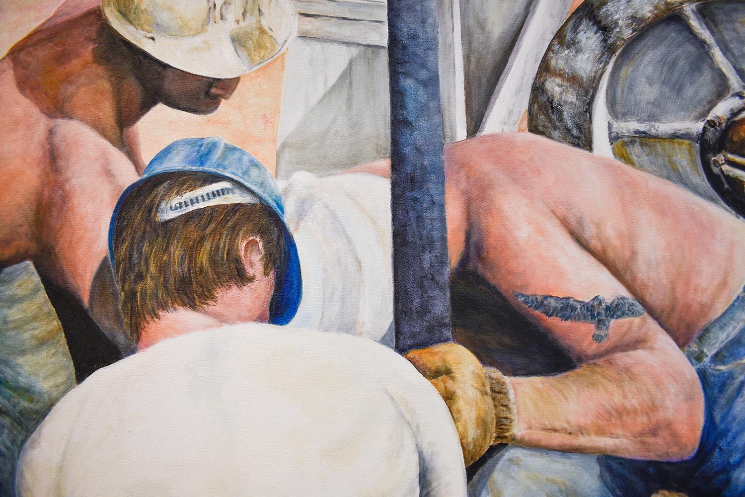 Dipinto ad olio figurativo di uomini che lavorano su una piattaforma petrolifera
Tavolozza neutra con tocchi di bianco e azzurro. 
Men at Work #11, dipinto da Allan Skriloff nel 1987
42 x 50 x 2 pollici, olio su tela 
senza cornice con lati dipinti