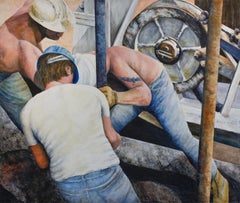 Vintage Men At Work 11: Figurative Oil Painting of Construction Workers in Sky Blue 