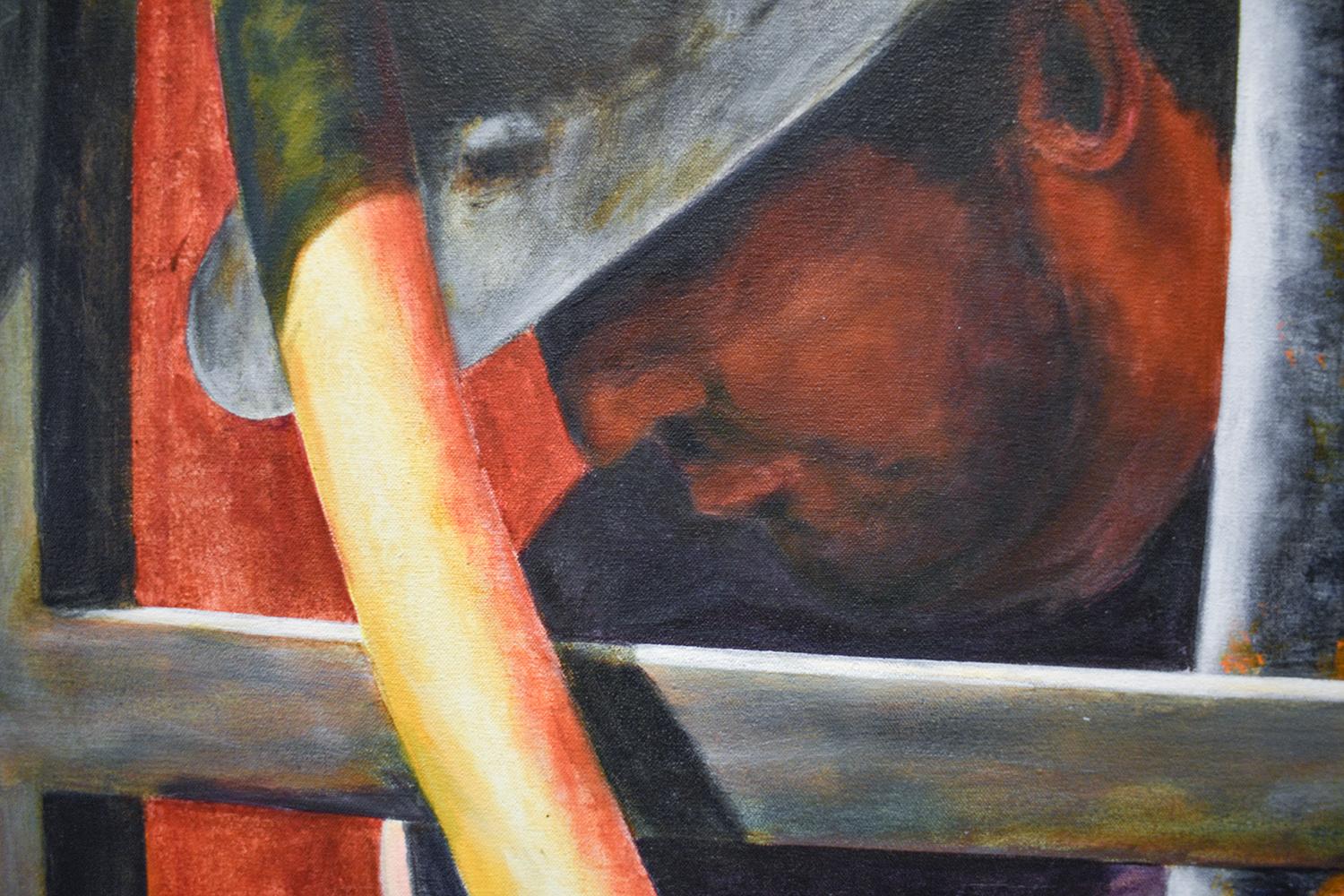 Uomini al lavoro #5 (dipinto ad olio figurativo incorniciato di un operaio edile in rosso) - Portrait Painting Marrone di Allan Skriloff