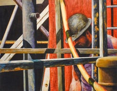 Men at Work #5 (Framed Figurative Oil Painting of Construction Worker in Red)