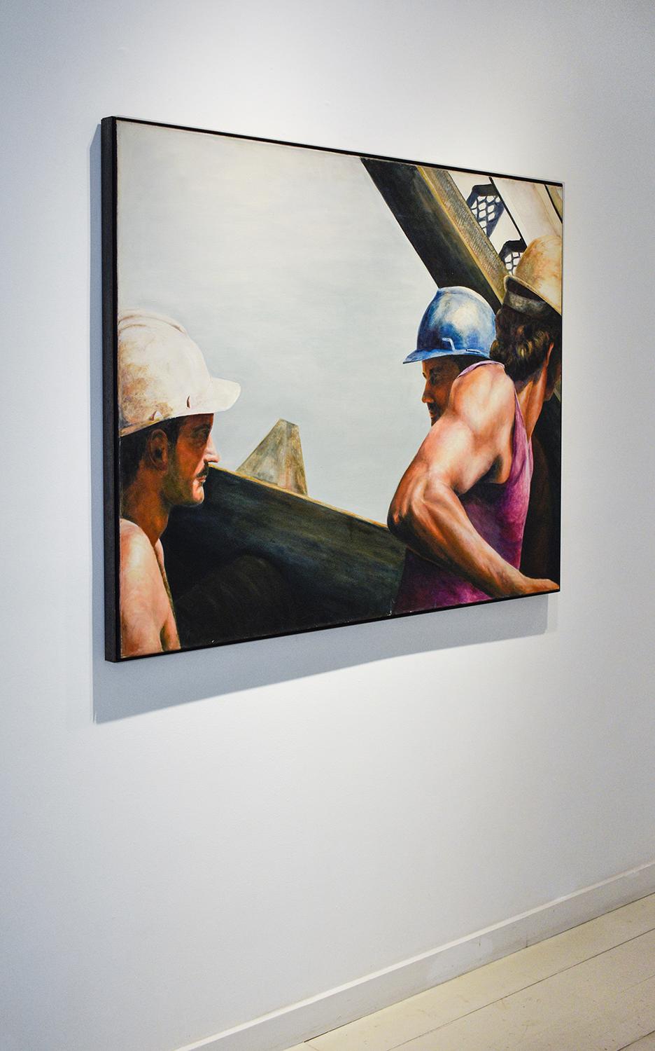 Men at Work II : Peinture à l'huile figurative d'artisans de construction dans un cadre en acier - Moderne Painting par Allan Skriloff