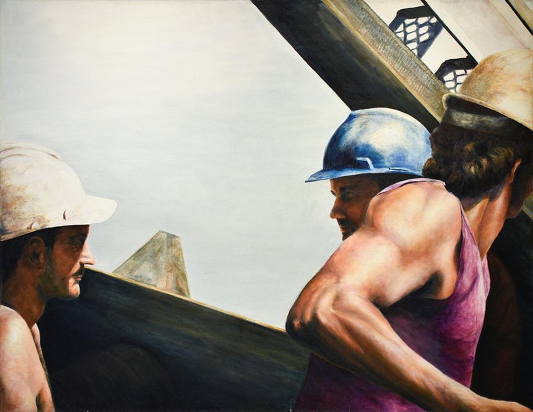 Allan Skriloff - Men at Work II: Figurative Oil Painting of Construction  Workers in Steel Frame For Sale at 1stDibs
