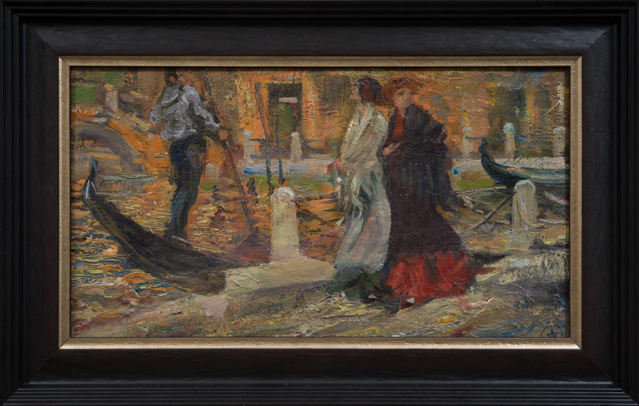 "Scène vénitienne avec gondoliers" est une représentation évocatrice de Venise, qui capture l'essence de l'allure romantique de la ville et de ses voies navigables animées. Créée pendant le voyage d'étude d'Allan Österlind en Italie à la fin des