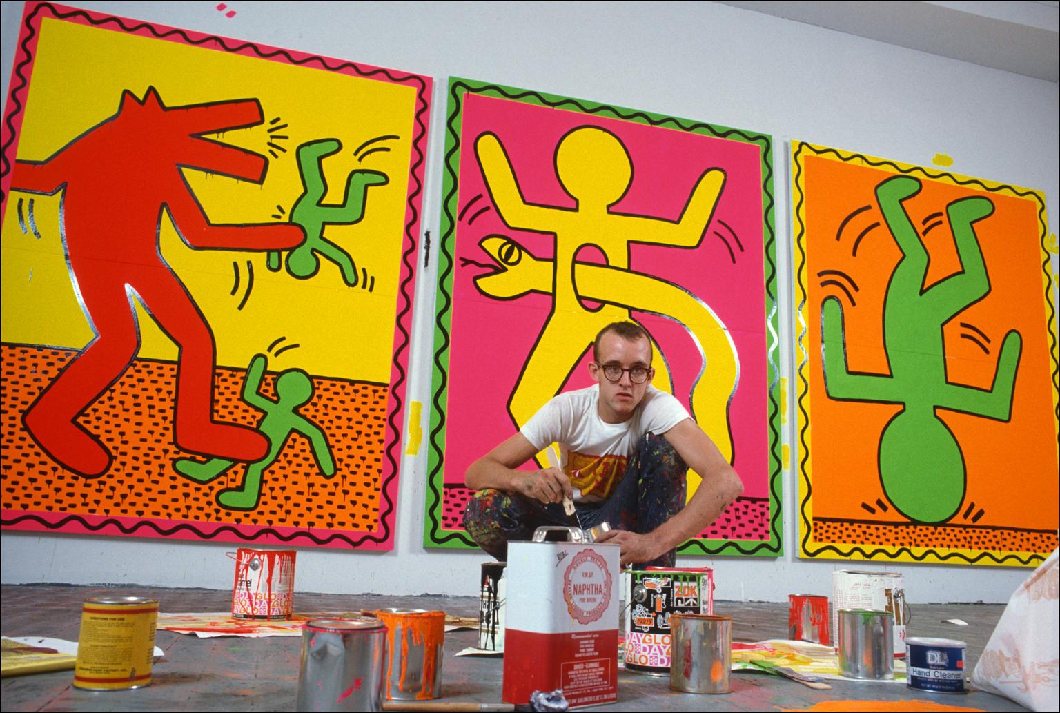 Allan Tannenbaum Black and White Photograph - Artist Keith Haring Working in his Studio - Archival Signed Fine Art Color Print