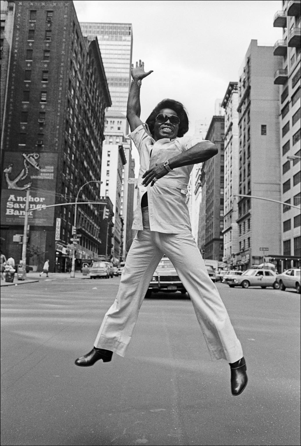 Allan Tannenbaum Portrait Photograph - James Brown Jumps on Broadway - Archival Fine Art Black and White Print