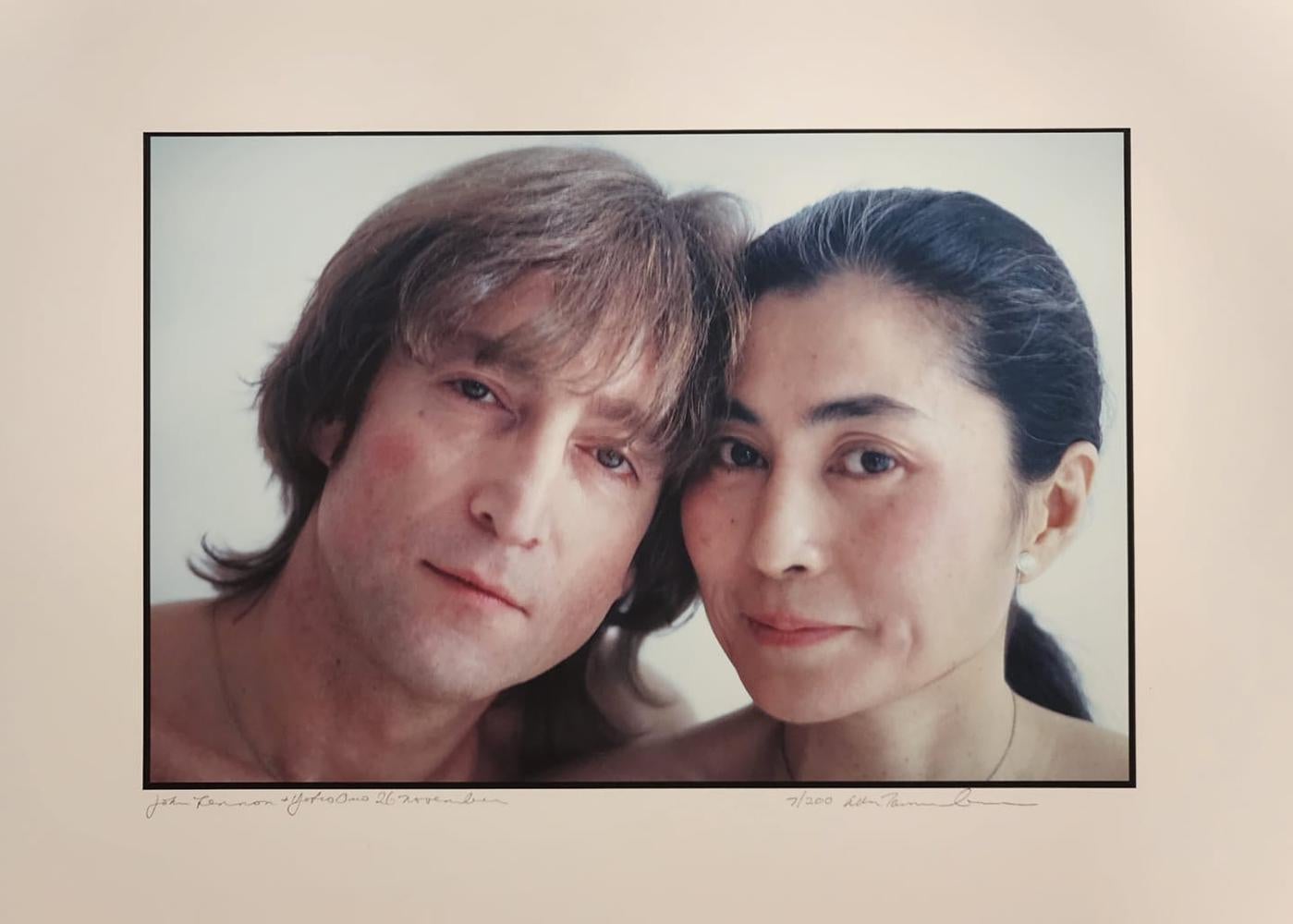 Allan Tannenbaum Figurative Photograph - John Lennon and Yoko Ono, Faces Smiling, NYC, 1980