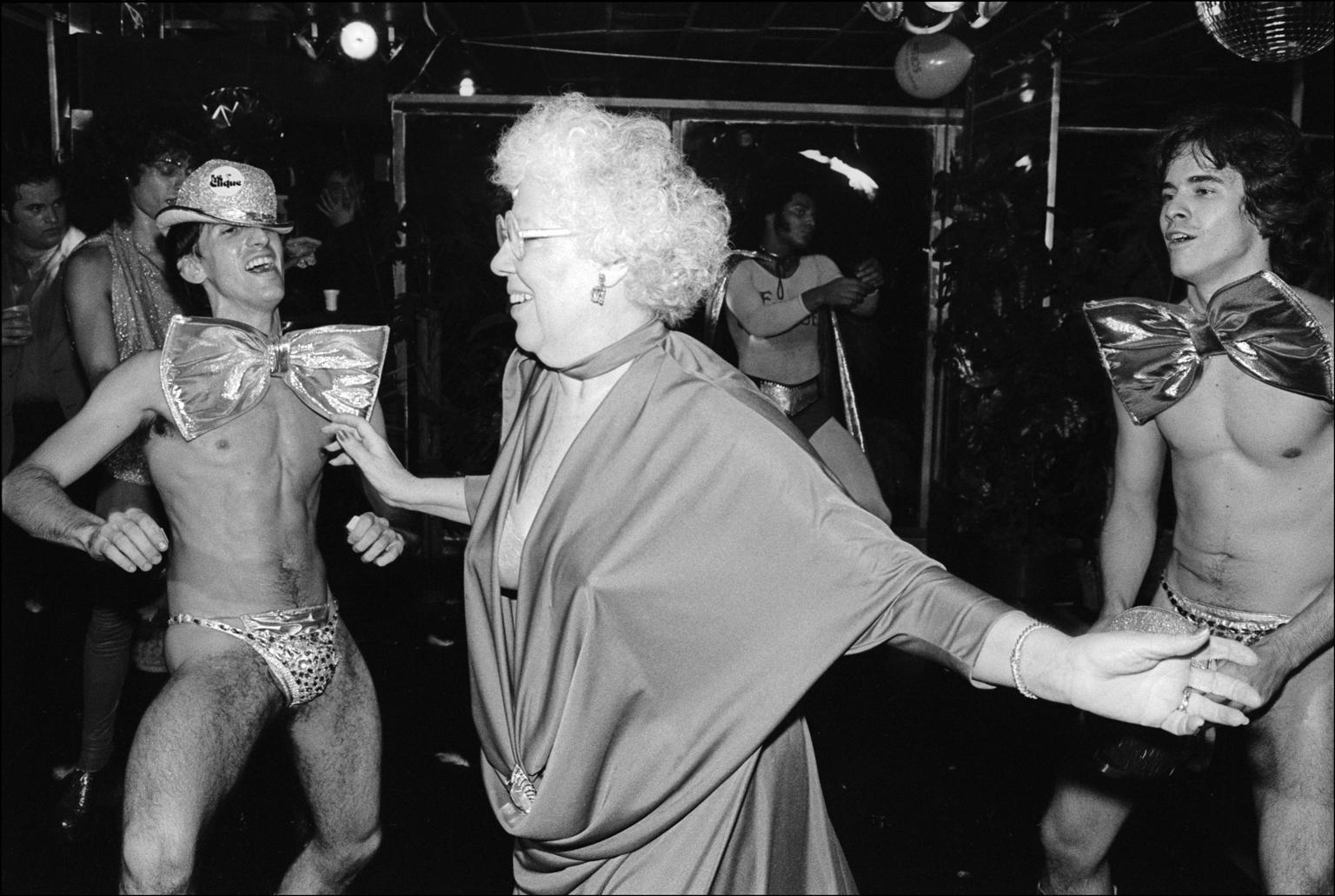 Allan Tannenbaum Nude Photograph - Plato's Retreat Randy Granny Dancing - Archival Fine Art Black and White Print