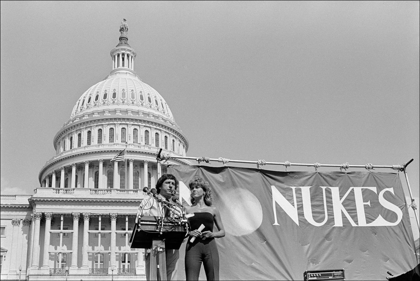 Allan Tannenbaum Black and White Photograph - Tom Hayden and Jane Fonda, No Nukes Rally, Washington, D.C., 1979