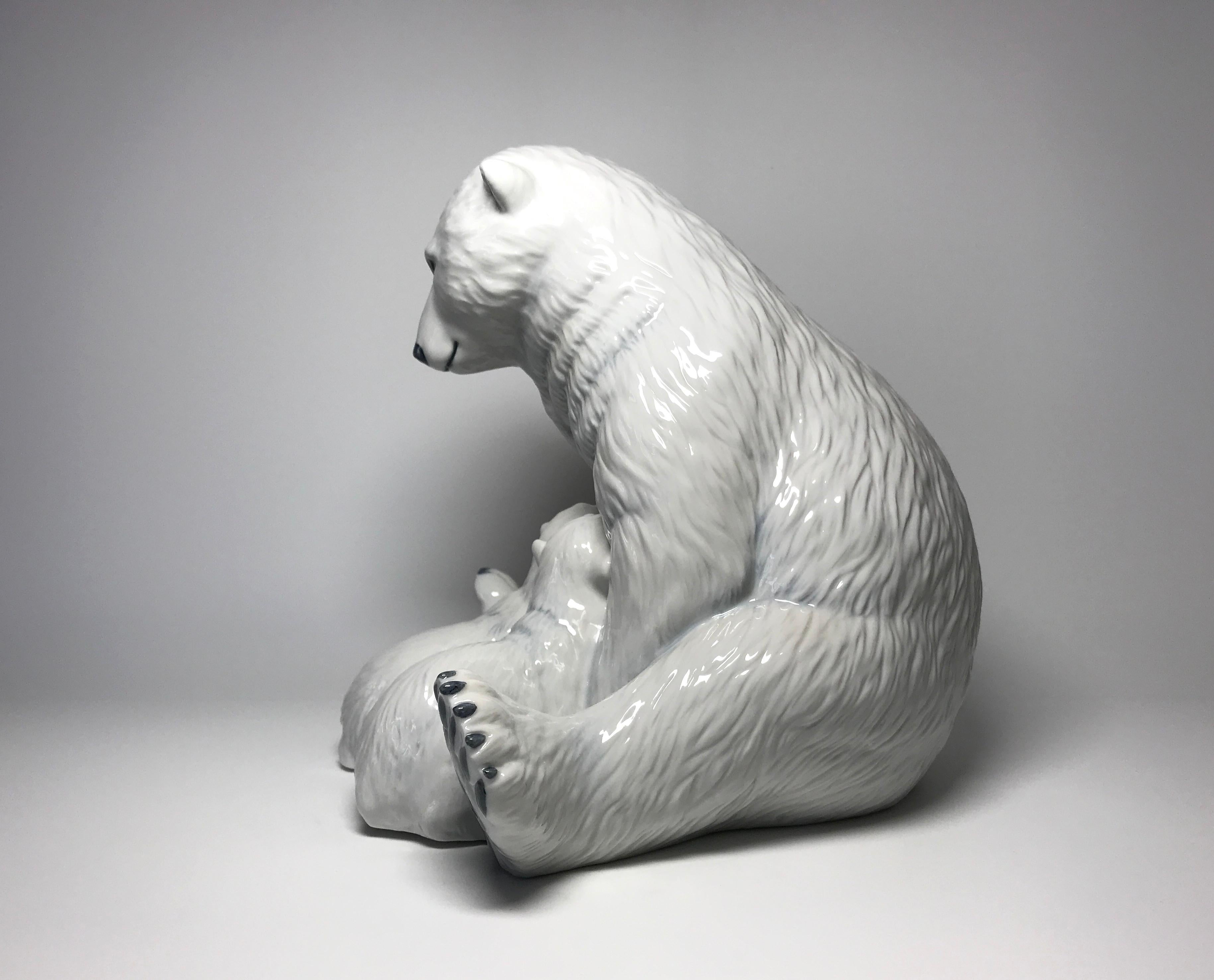 Danish Allan Therkelsen Royal Copenhagen Motherly Love Porcelain Polar Bear & Cubs #087 For Sale