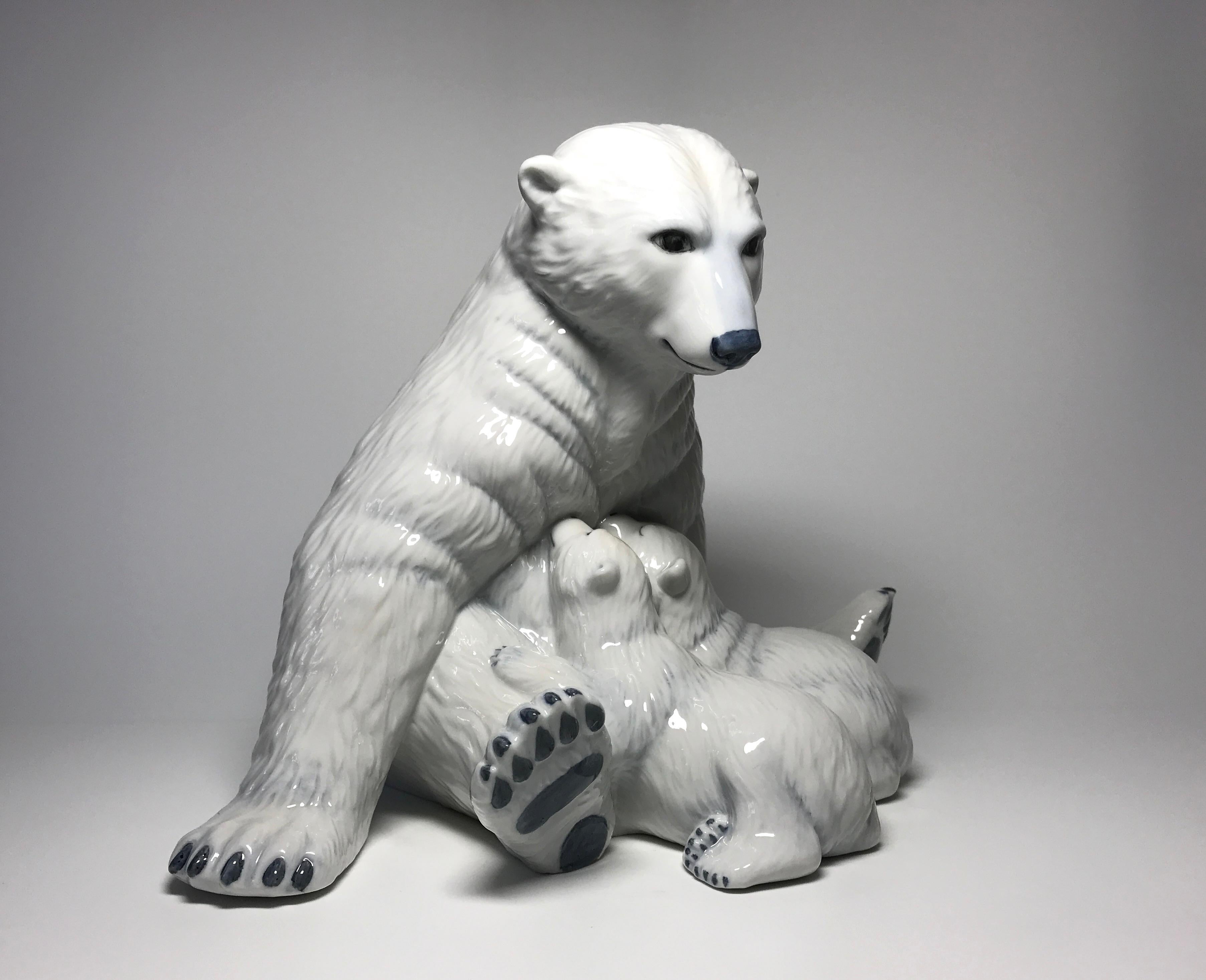 Glazed Allan Therkelsen Royal Copenhagen Motherly Love Porcelain Polar Bear & Cubs #087 For Sale