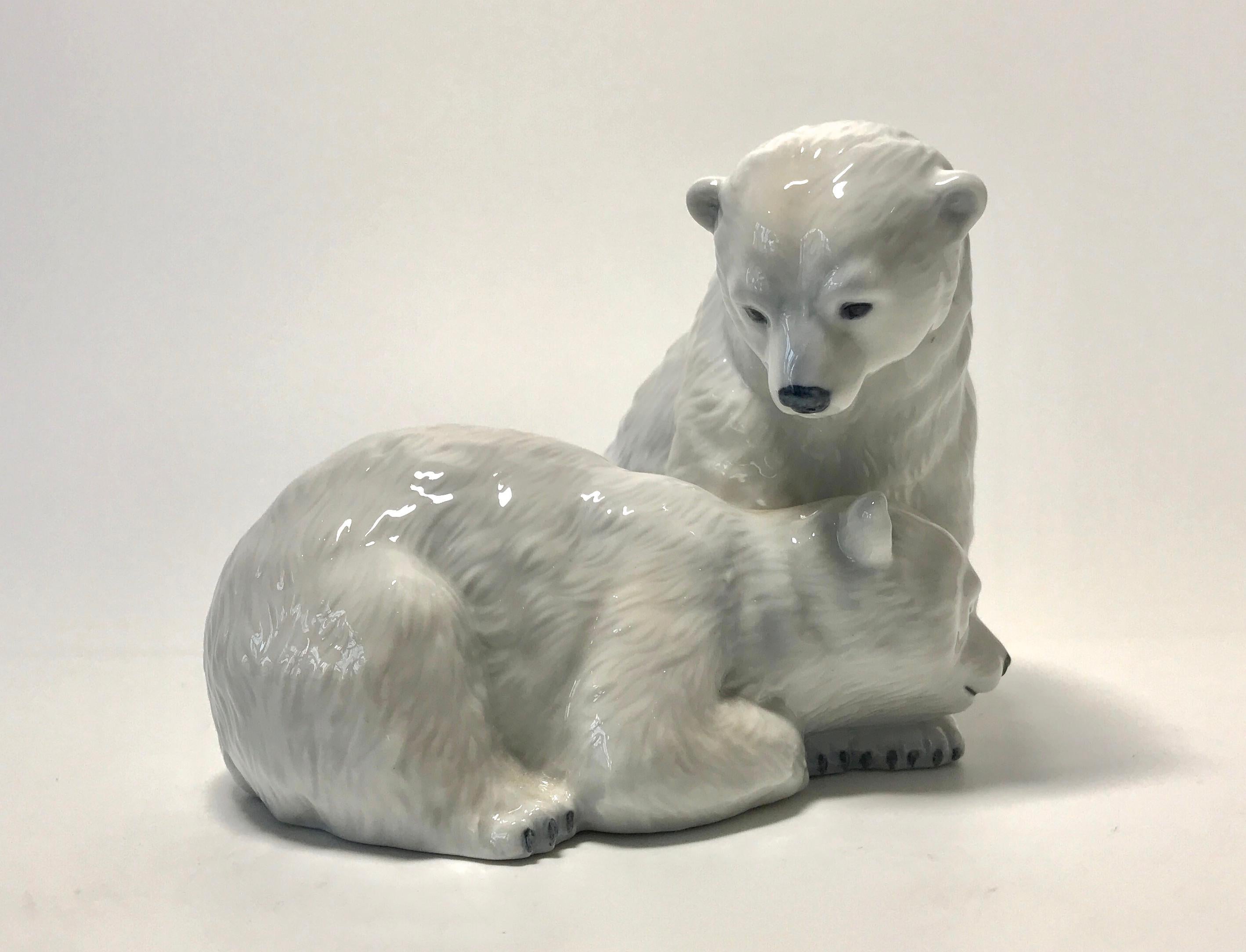 Glazed Allan Therkelsen Royal Copenhagen Porcelain Twin Polar Bear Cubs Figurine #356 For Sale