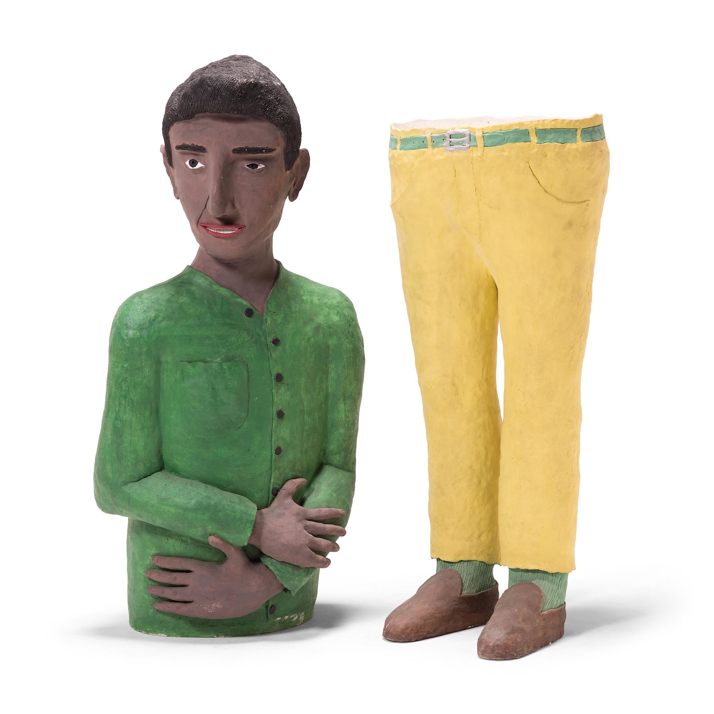 „Man in Green Shirt“, Acryl auf Keramik – Sculpture von Allan Winkler