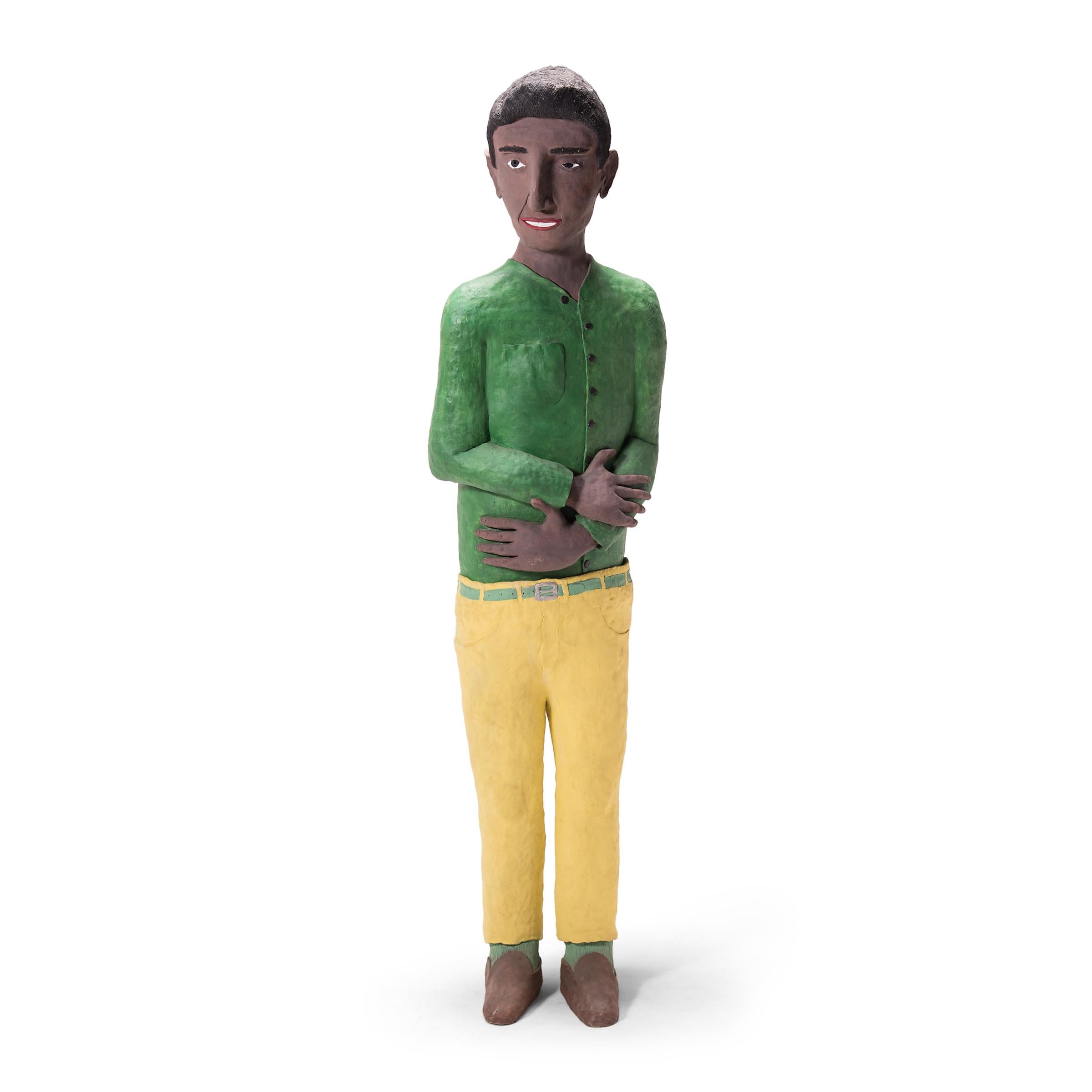 Allan Winkler Figurative Sculpture - "Man in Green Shirt, " Acrylic on Ceramic