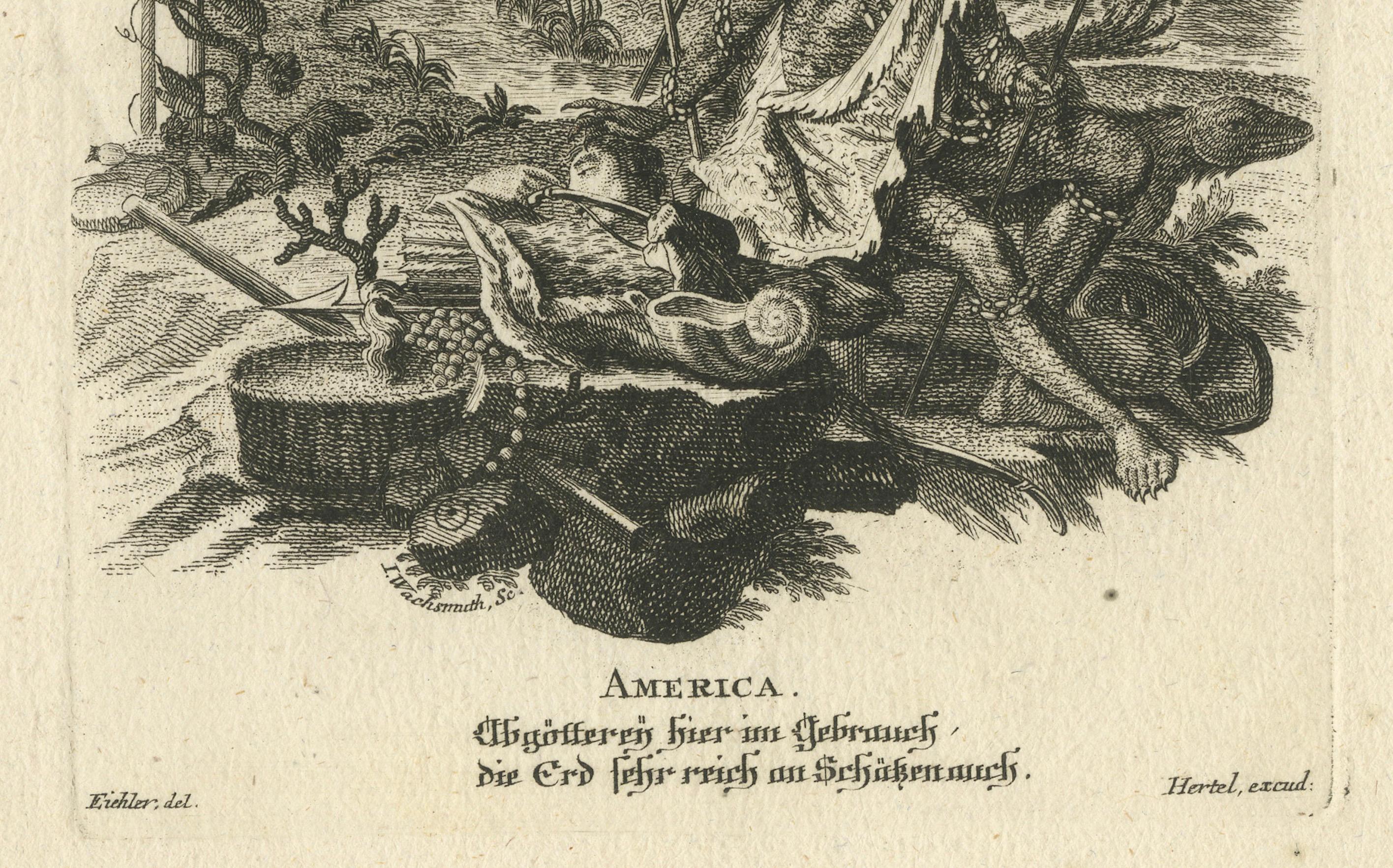 Inciso Incisione allegorica dell'America del XVIII secolo di Johann Hertel, Augsburg c.1750 in vendita