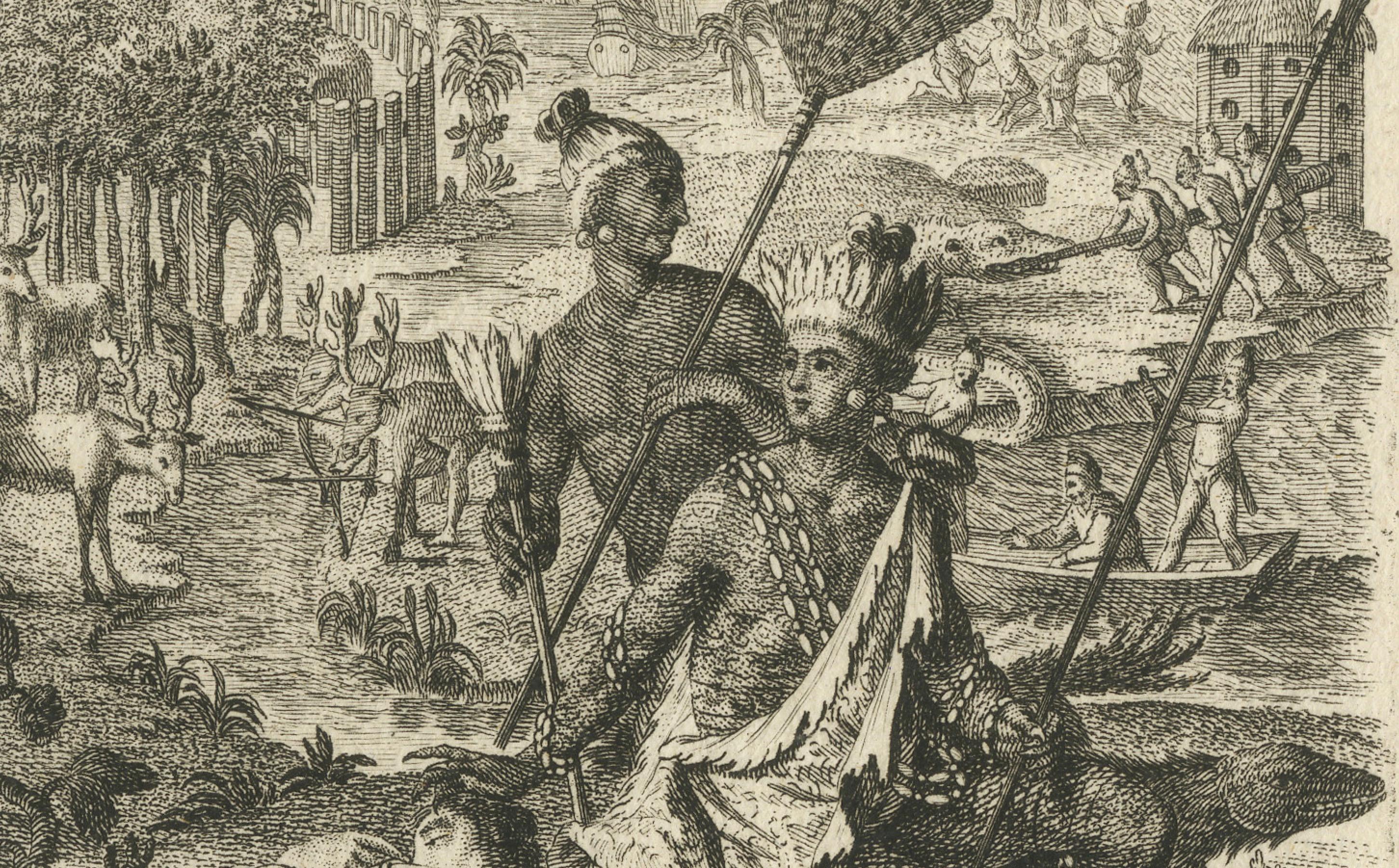 Incisione allegorica dell'America del XVIII secolo di Johann Hertel, Augsburg c.1750 In condizioni buone in vendita a Langweer, NL