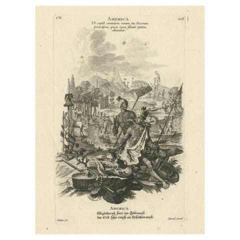 Allegorical 18th-Century Engraving of America by Johann Hertel, Augsburg c.1750