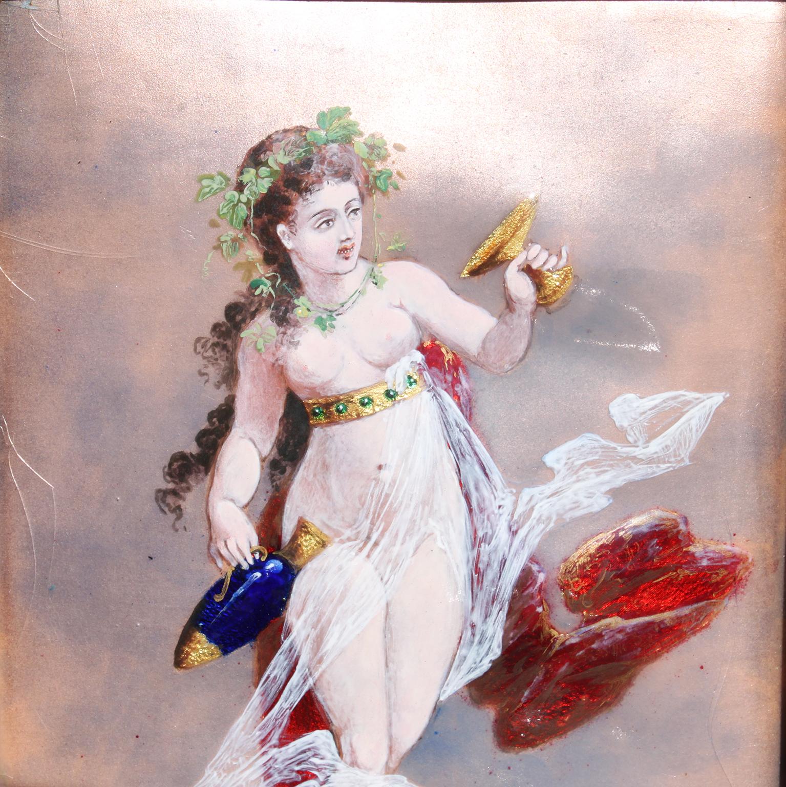 An Allegorical Belle Époque Limoges Enamel Painting Plaque of a Semi-Nude Bacchante. The convex  baked enamel copper plaque finely painted depicting a scantily clad young female Maenad or mainade, which were women devoted to the god Bacchus
