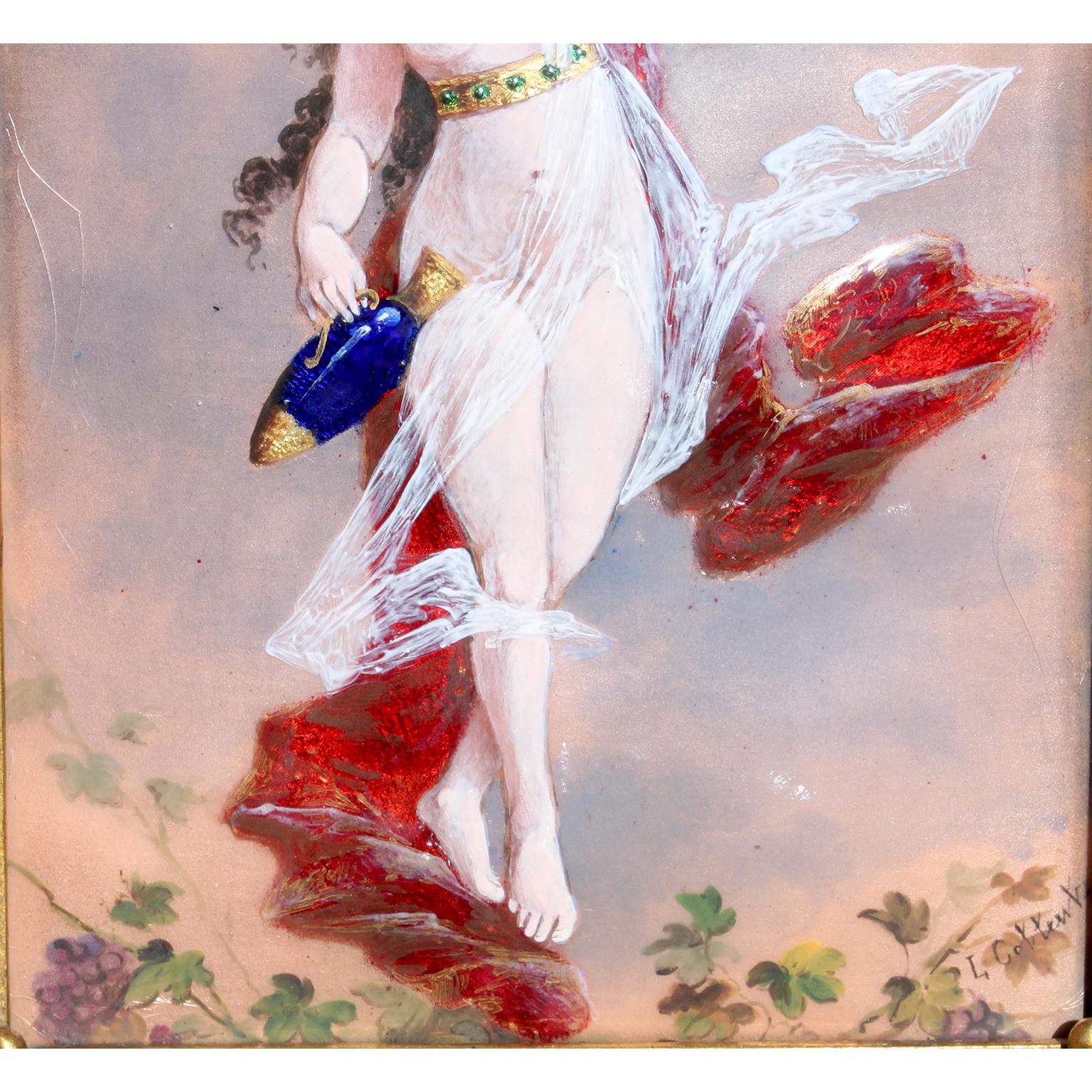 French Allegorical Belle Époque Limoges Enamel Painting Plaque of a Semi-Nude Bacchante For Sale