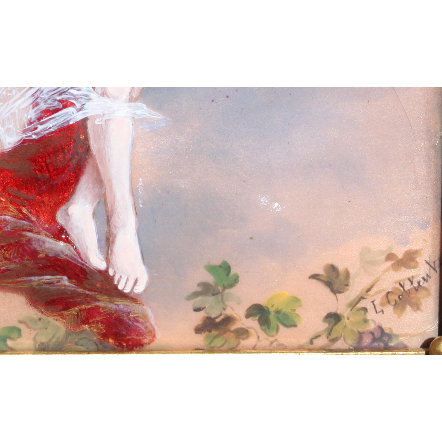 Hand-Painted Allegorical Belle Époque Limoges Enamel Painting Plaque of a Semi-Nude Bacchante For Sale